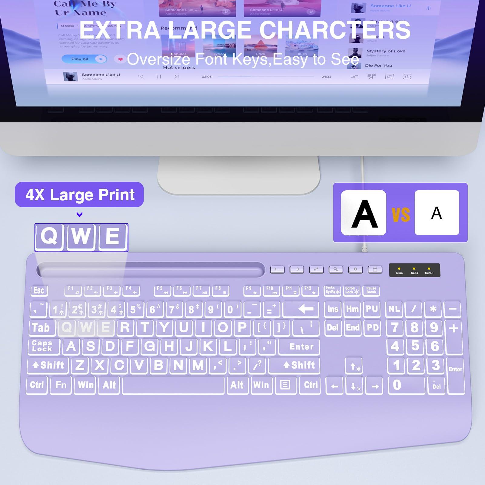 SABLUTE Large Print Backlit Computer Keyboards, Wired Lighted USB Keyboards with 7-Color Backlit, Wrist Rest, Phone Holder, Easy to Read and Type for Laptop, PC, Windows, Desktop (Purple) - Image 2