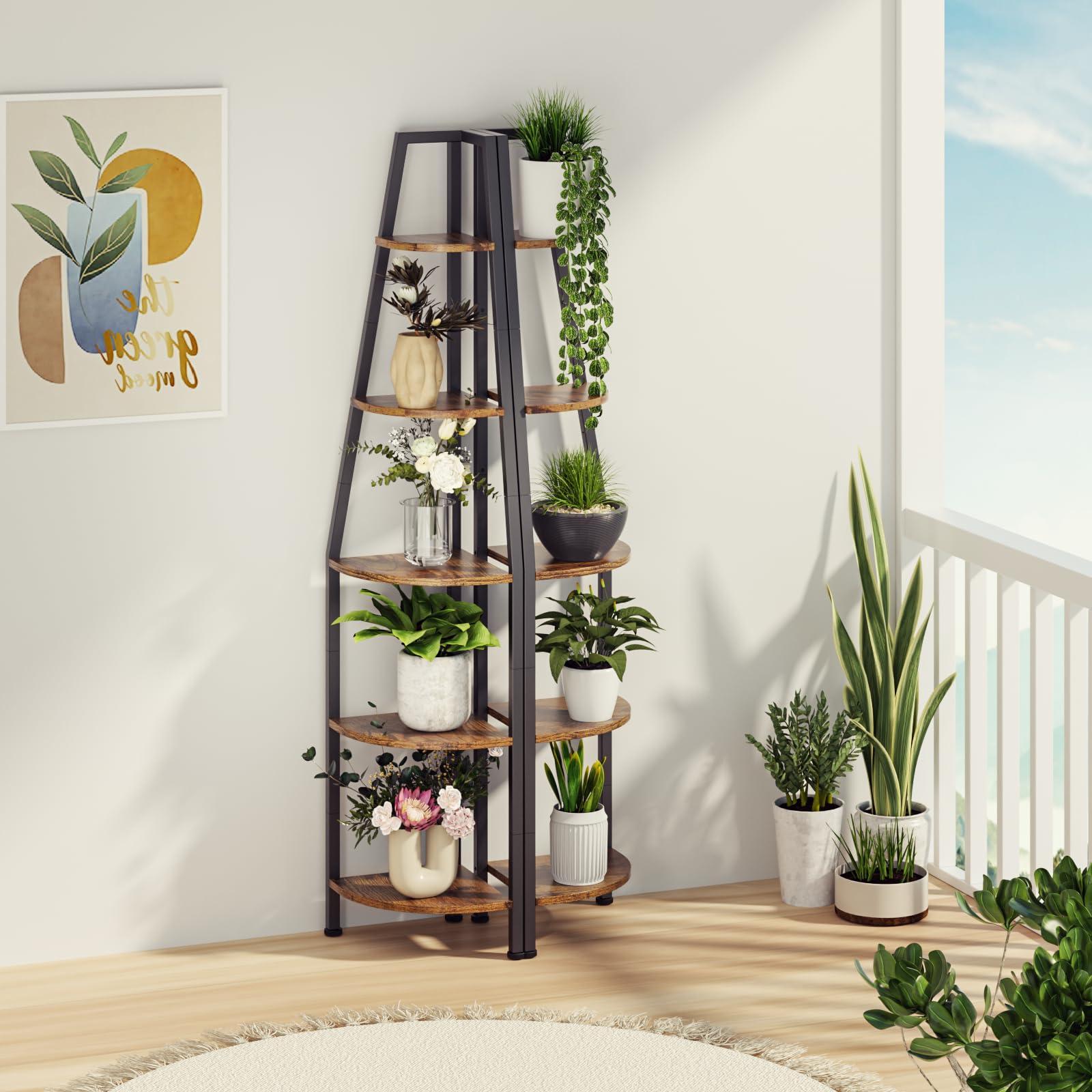 Furnulem 5 Tier Corner Shelf with LED Light, 67.2” Tall Standing Shelf for Wall Corner, Narrow Bookshelf Ladder Shelf for Bedroom, Living Room, Plant, Wood Storage Rack, Metal Frame (Rustic Brown) - Image 8