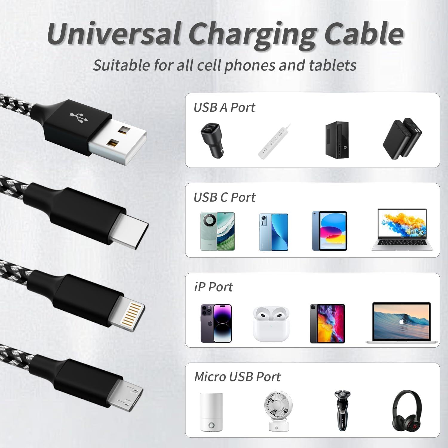 IDISON Multi Charging Cable(2Pack 4FT), 3 in 1 USB Charging Cable for Multiple Devices, Braided Universal Phone Charger Cord with Type-C, Micro USB, IP Port for iPhone16/15/14/Android Phones and More - Image 2