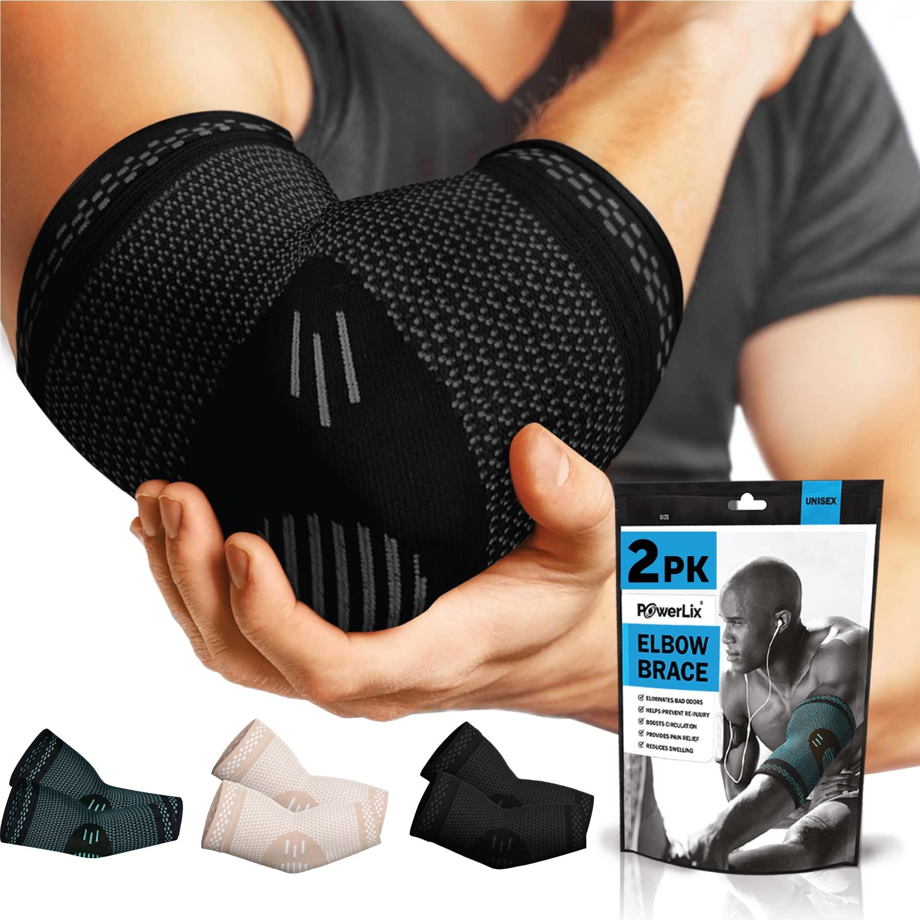 POWERLIX Elbow Orthopedic Brace Compression Support (Pair) - Elbow Sleeve for Tennis, Golfer’s, Bursitis, and Sprains, Arthritis, Tendonitis. Pain Relief(Black, L)