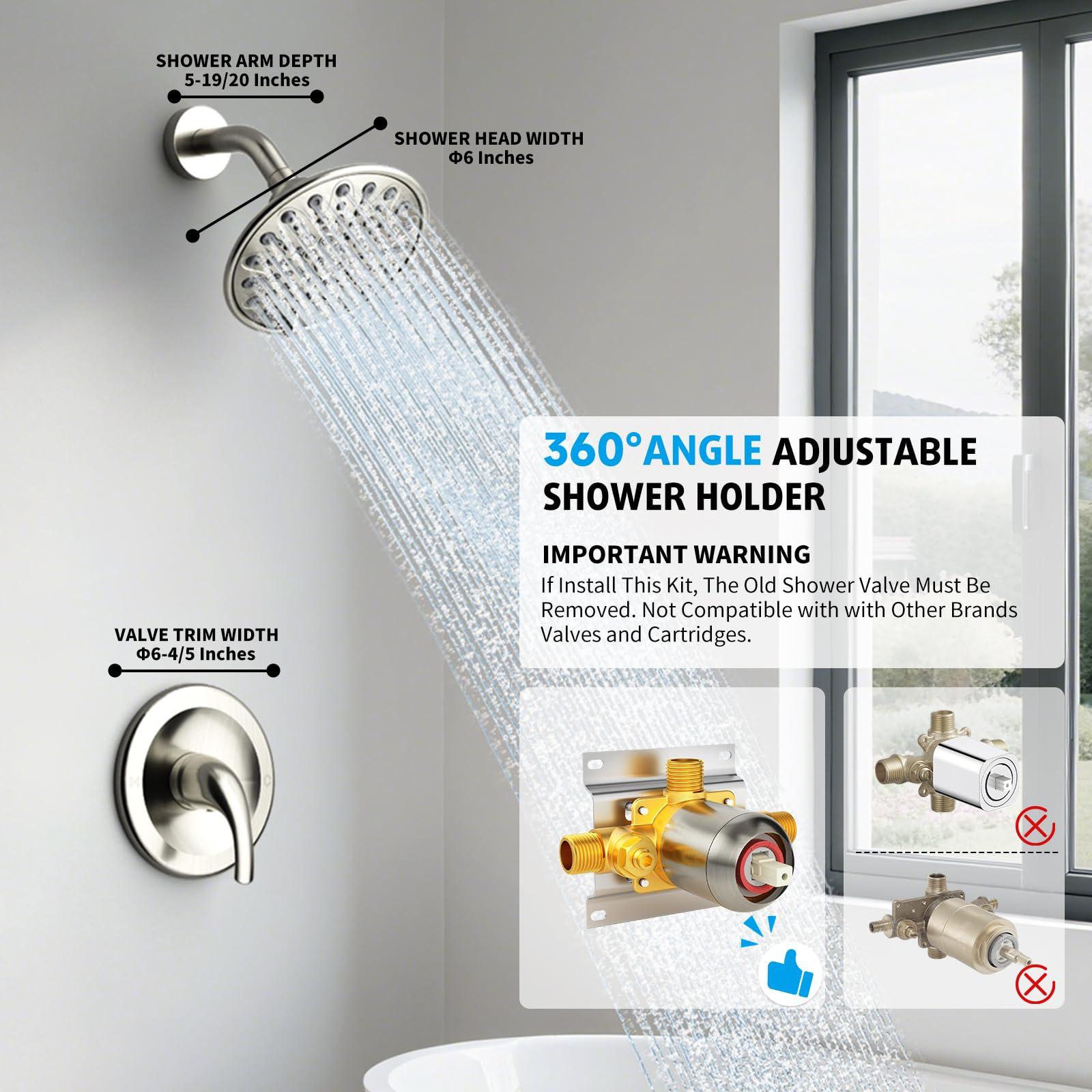 Brushed Nickel Shower Faucet Set, EMBATHER Shower Fixtures with 6 Inch Rainfall Shower Head, Single Handle Control Shower Valve and Trim Kit - Image 3