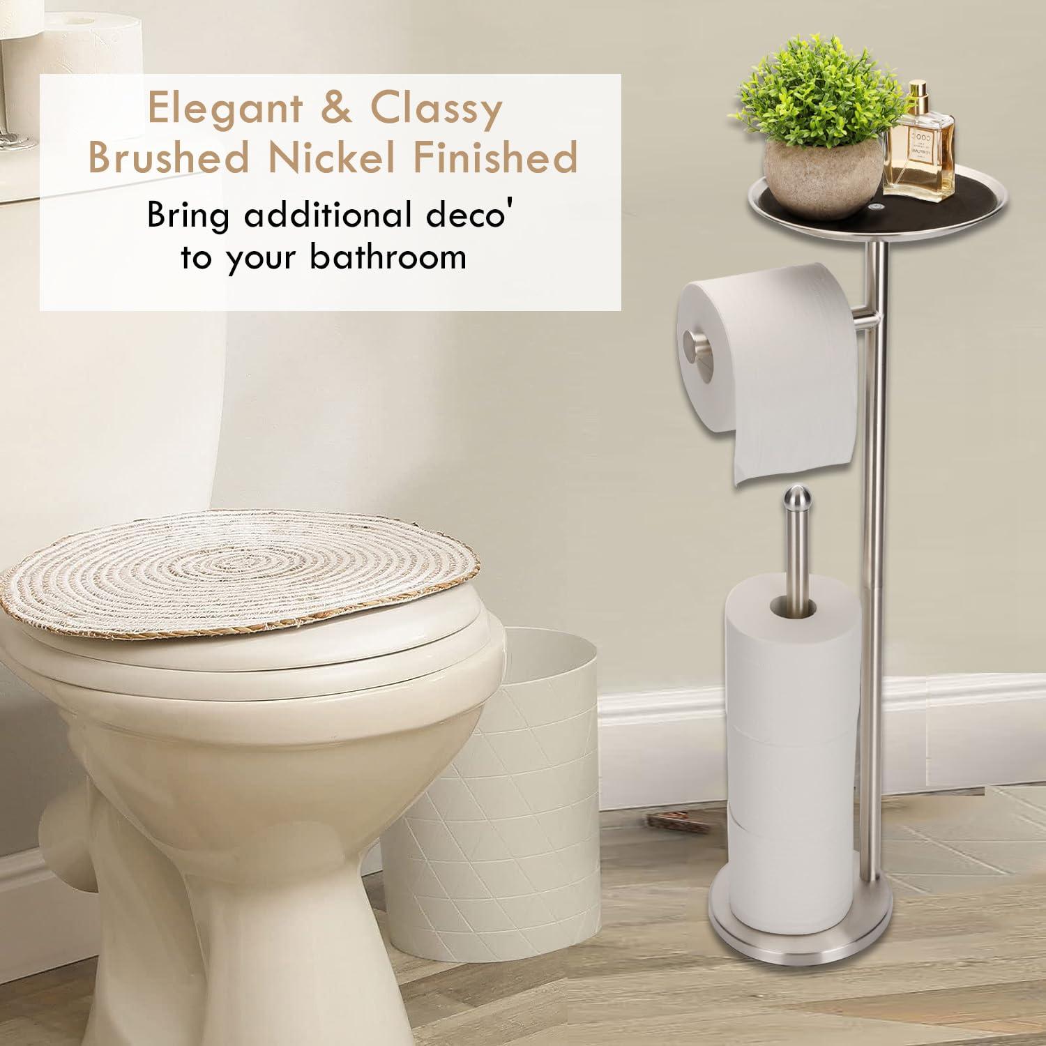 Kalitro Toilet Paper Holder Freestanding with Big Shelf, 4 Rolls Reserve Paper Holder Stand, Modern Paper Roll Holder with Storage Space for Phones (Brushed Nickel) - Image 4