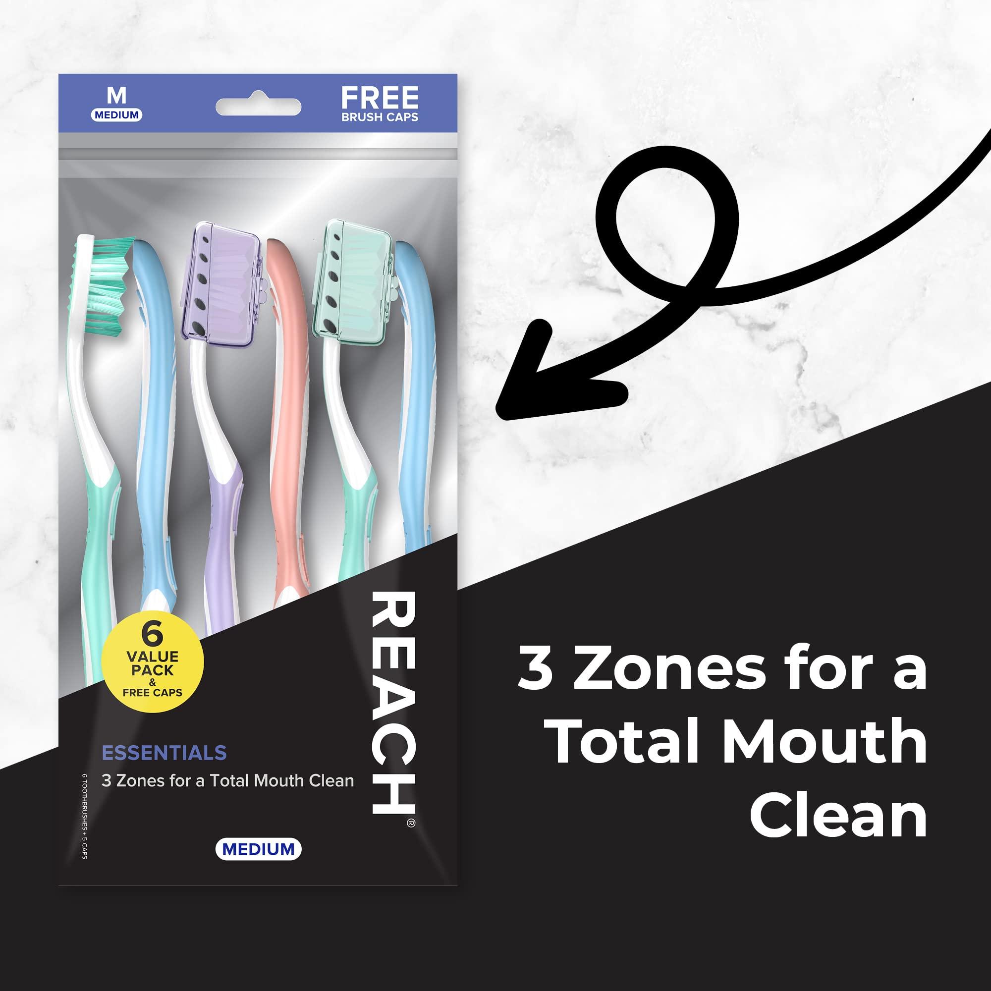 Reach Essentials Toothbrush with Toothbrush Covers, Multi-Angled Medium Bristles, Contoured Handle, Tongue Scraper, 6 Count - Image 4