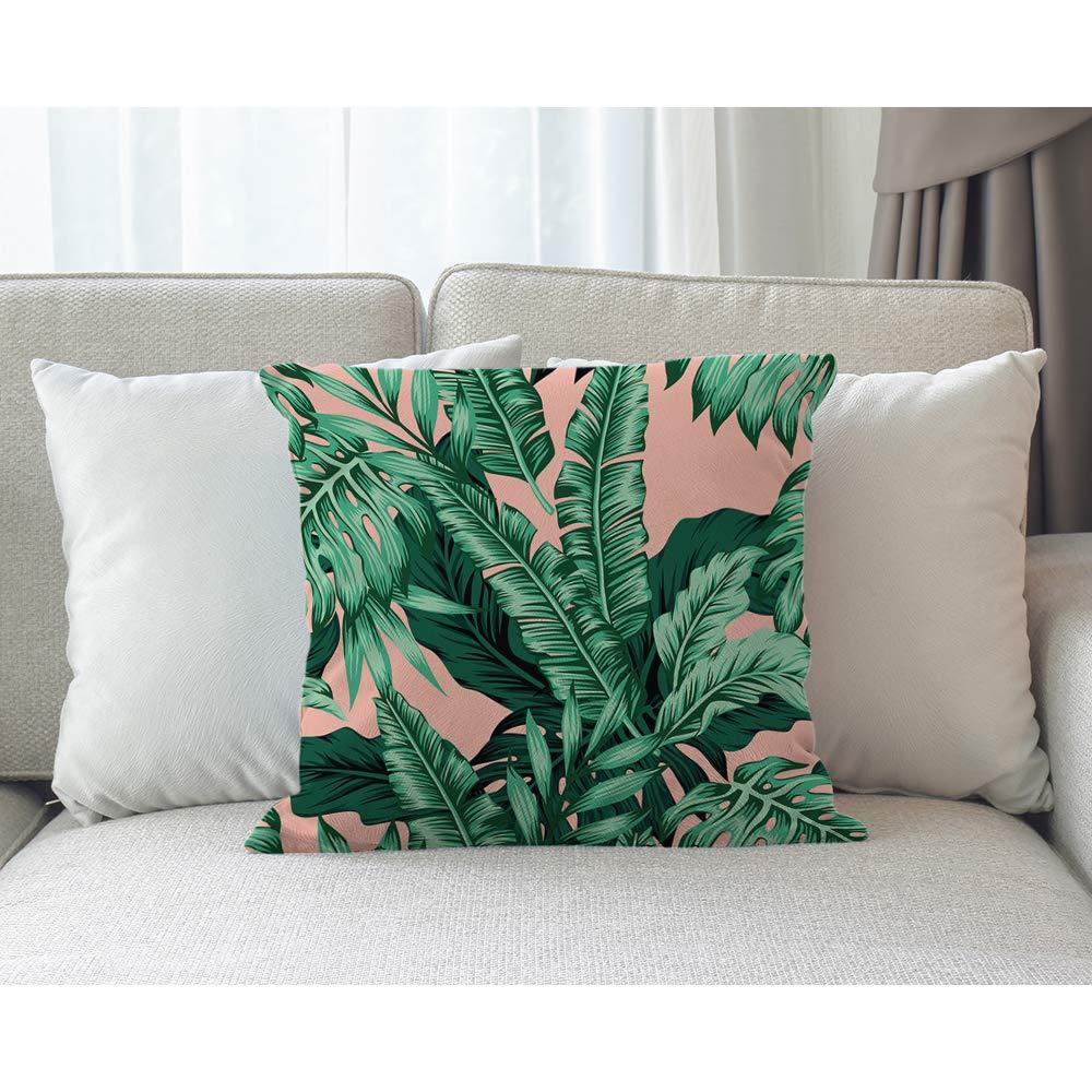 Beabes Tropical Green Palm Leaf Throw Pillow Cover Exotic Forest Tree Jungle Beach Banana Floral Pink Warm Cushion Case Cotton Linen for Home Office Sofa Chair Bedroom 18x18 Inch - Image 2