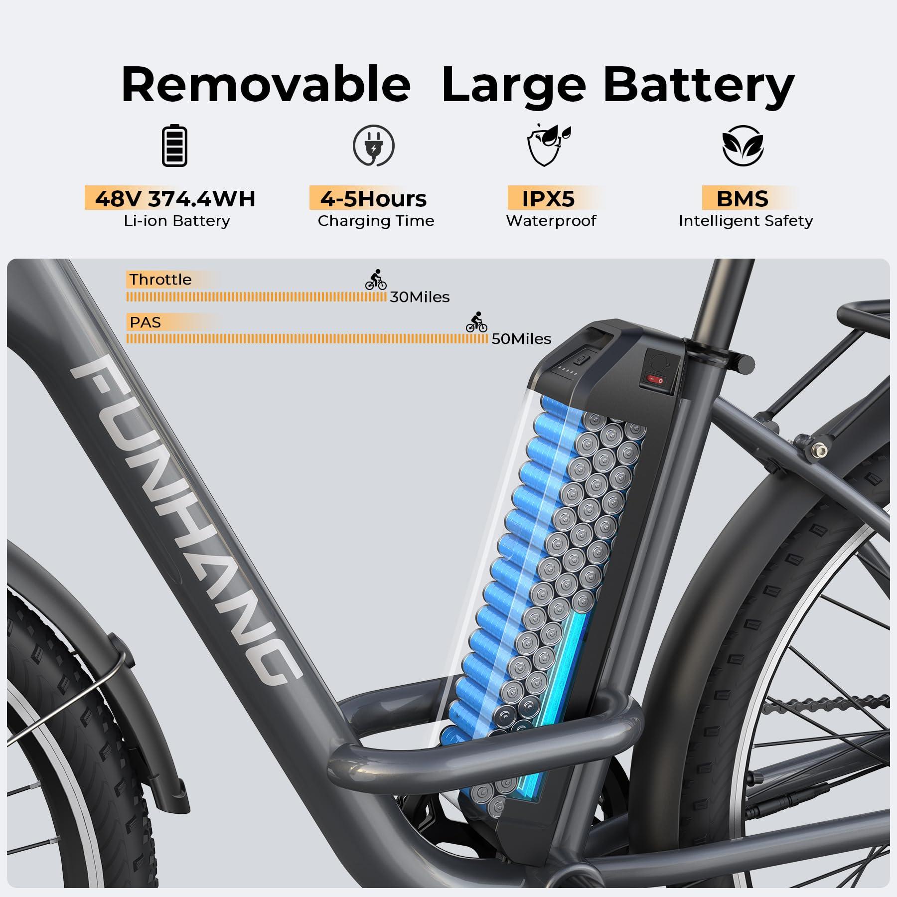 Funhang Electric Bike for Adults, 1000W Peak Ebike, 21.7MPH 50Miles City Cruiser Ebikes, 26" Step Thru Electric Bicycle with 48V Removable Battery, Adjustable Stem, Rear Rack, Front Suspension,7 Speed - Image 3