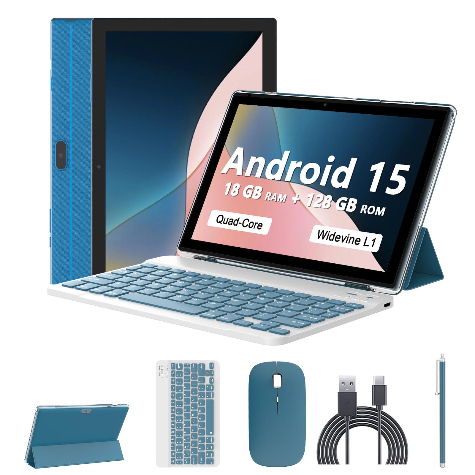 Android 15 Tablet 10 Inch, 18GB RAM+128GB ROM/2TB Expandable Tablet, 2 in 1 Tablets with Keyboard Case Mouse Stylus, 2.0GHz Quad-core CPU, 1280*800 IPS HD Screen, 5G WiFi6 BT 5.0, 8MP Camera Tablet PC