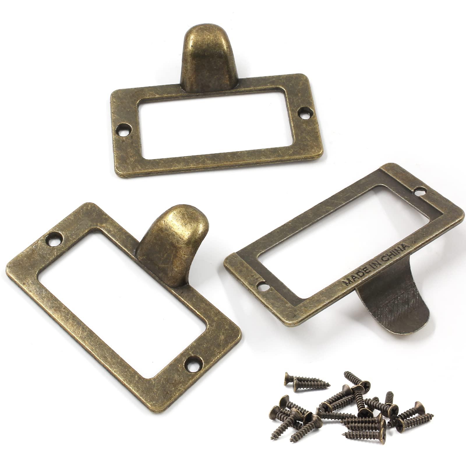 Auvotuis 10Pcs Frame Tag Label Holder Office Library File Drawer Tag, Metal Vintage Cabinet Label Card Pull Handles with Screws for Furniture (Bronze, 2.3 x 1.8 Inch)
