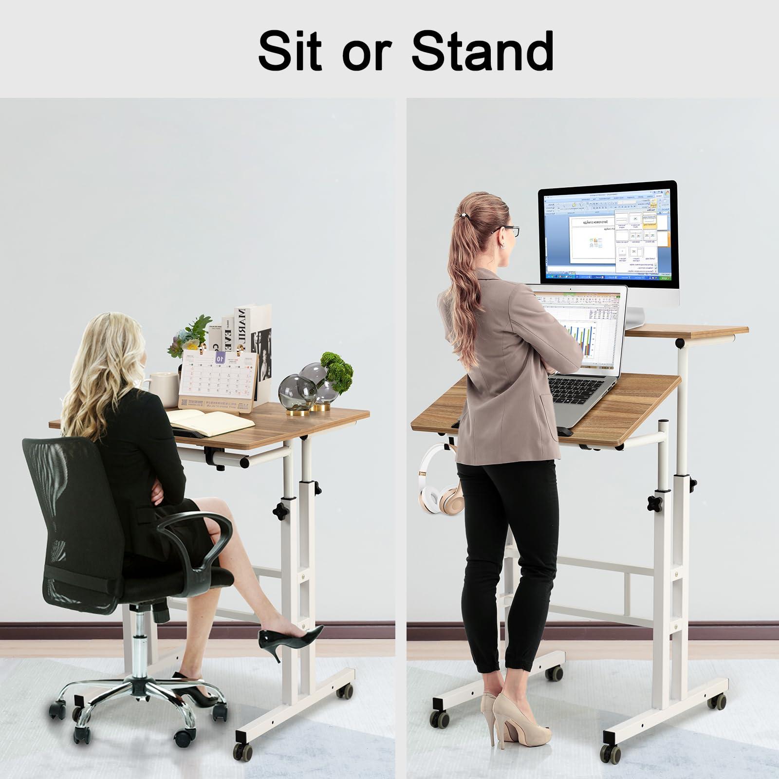 Hadulcet Mobile Standing Desk with Charging Station, Adjustable Computer Desk, Laptop Cart with Wheels for Home Office, Classroom - Vintage Oak - Image 4