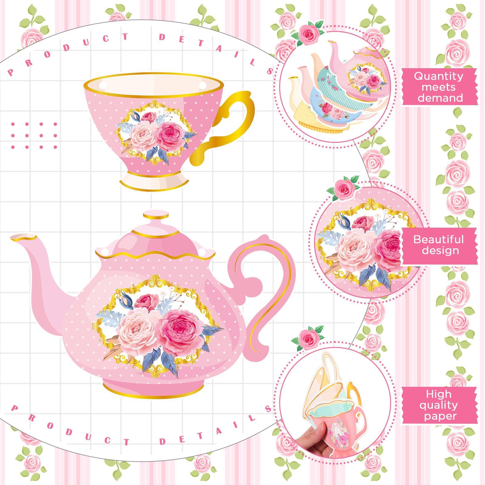 Faccito 5 Pcs Vintage Tea Party Decoration Banner Double Sided Floral Tea Party Hanging Teapot Cutout Paper Banner Assembled for Bridal Shower Birthday Decor - Image 4