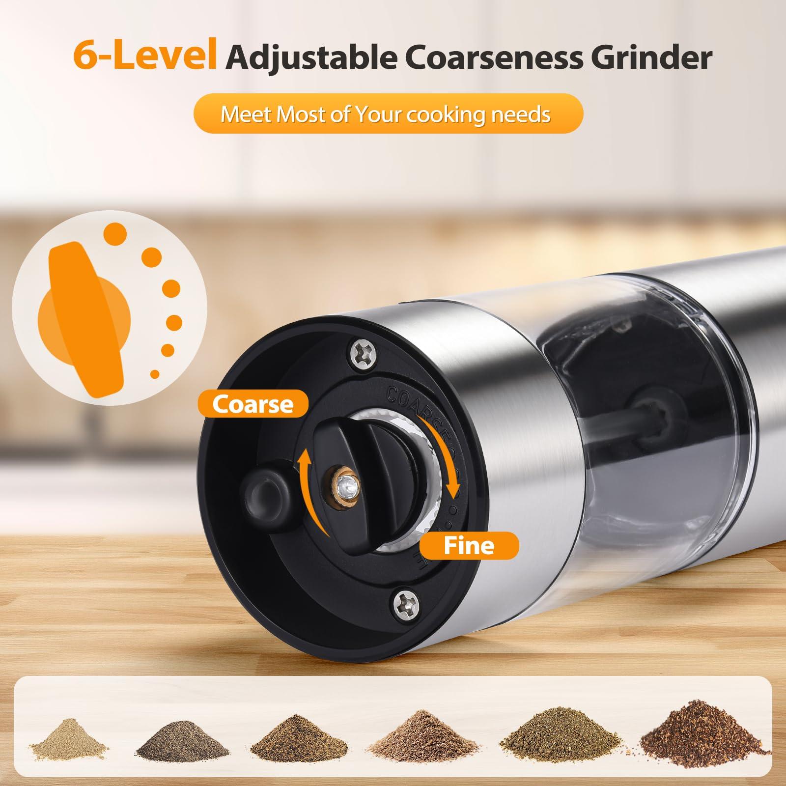 [Upgraded Larger Capacity] Rechargeable Electric Salt and Pepper Grinder Set with Storage Base,Stainless Steel Pepper Mills with LED Lights & Adjustable Coarseness One-Hand Operation, Silver (2 Pack) - Image 5