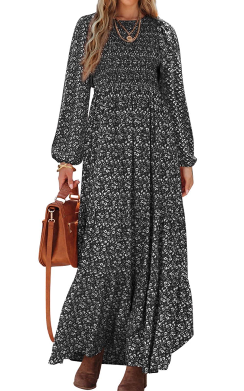 PRETTYGARDEN Women's Spring Dresses 2025 Long Sleeve Flowy Casual Floral Maxi Dress Crew Neck Smocked Tiered Long Dress