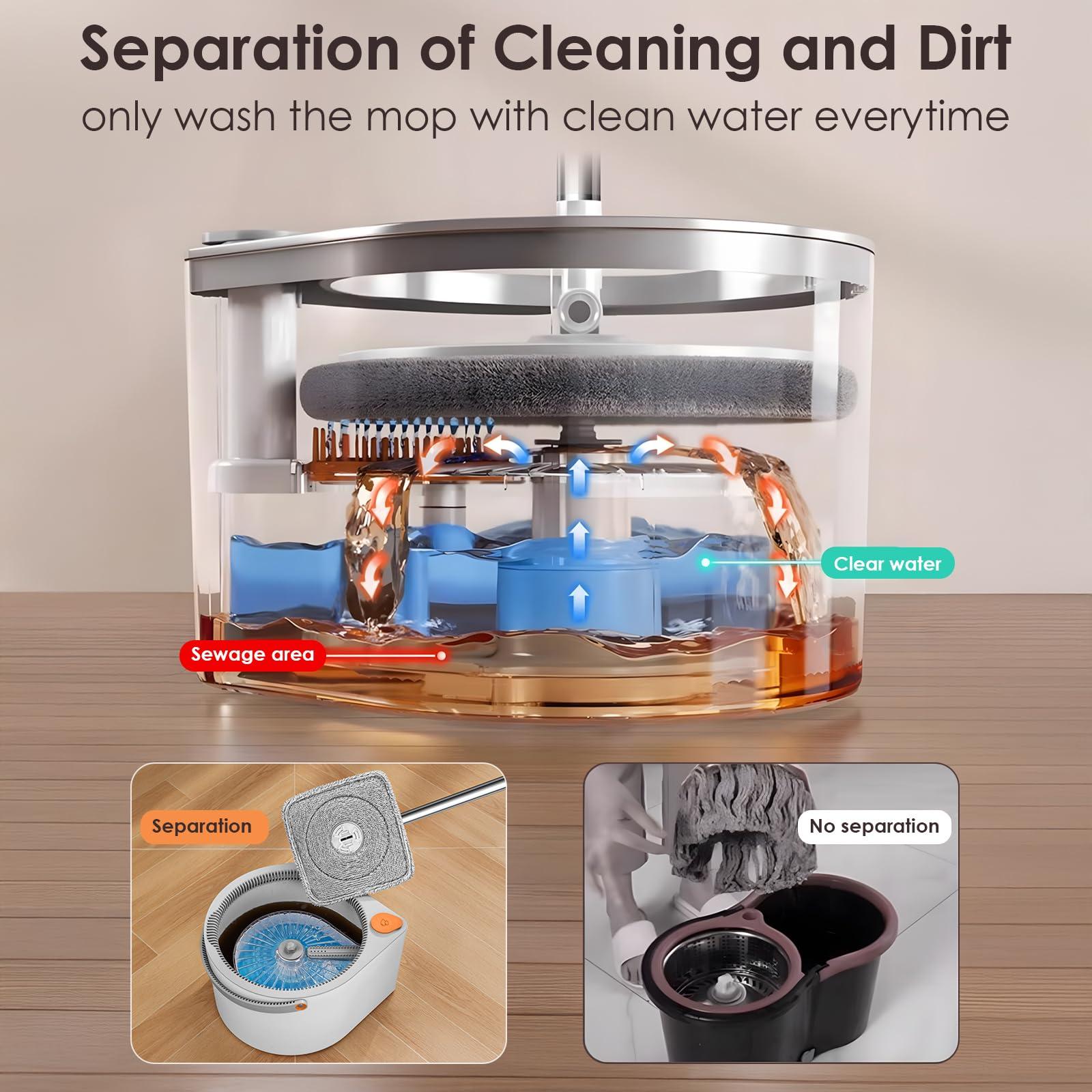 MOPALL Spin Mop and Bucket Set, Dual Chambers Dirty and Clean Water Self Separation for Floor Wall Window, Wet and Dry Mop and Bucket with Wringer Set for Home (1 Square Mop with 2 Microfiber Pads) - Image 2
