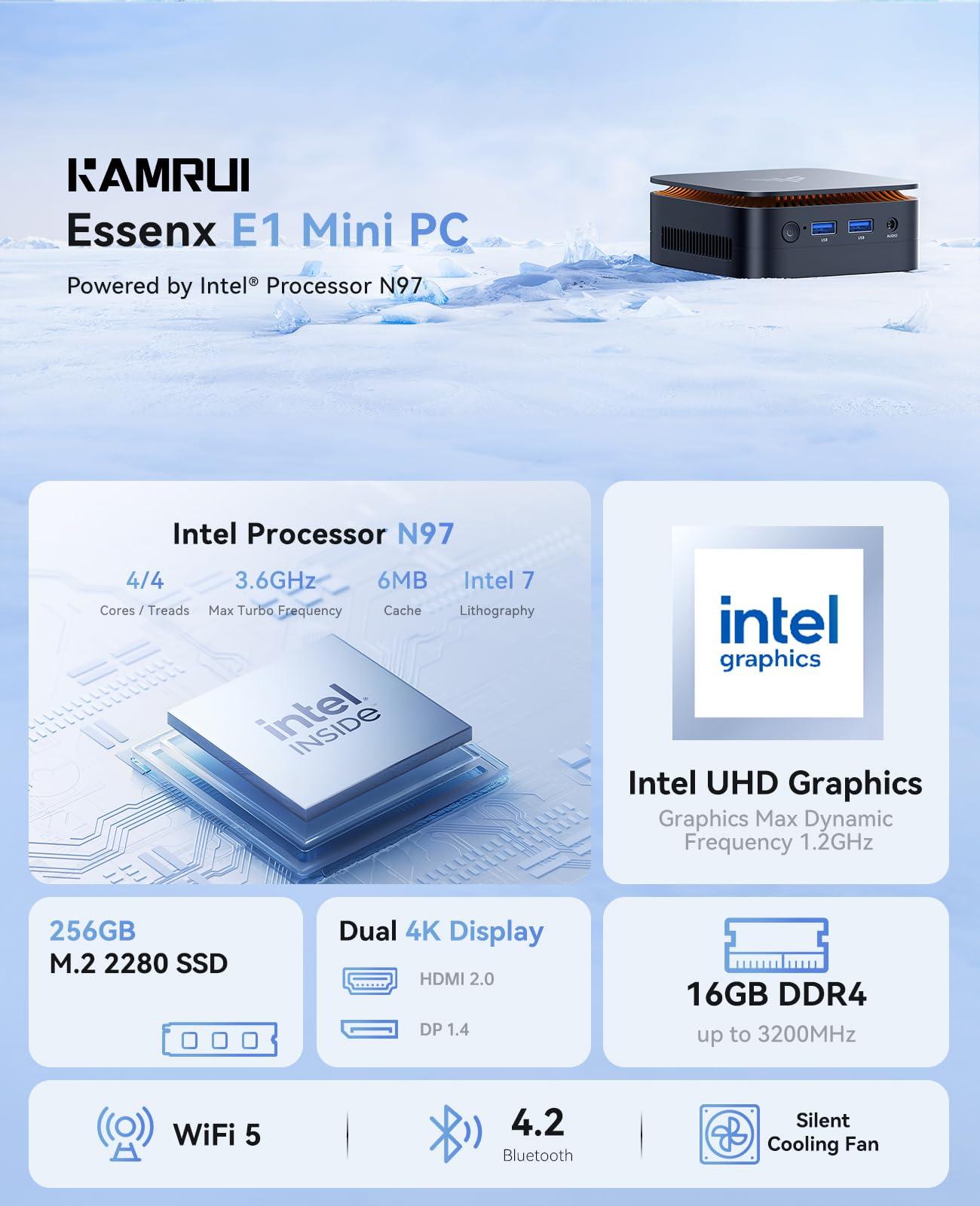 KAMRUI Mini PC Computer, Intel Processor N97 (up to 3.6 GHz), 16GB DDR4 RAM 256GB M.2 SSD, Mini Desktop Computer Support Dual 4K, WiFi, Bluetooth, Ethernet, HTPC for Business, Education, Home - Image 2