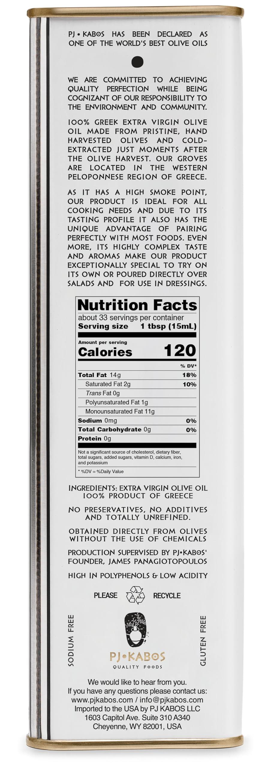 P.J. KABOS 2024/25 Harvest, High Phenolic (450+mg/kg), Premium Greek Extra Virgin Olive Oil, Kosher, Greece, Cold Extracted, 16.9 oz Tin, Koroneiki, "Family Reserve - Medium" - Image 2