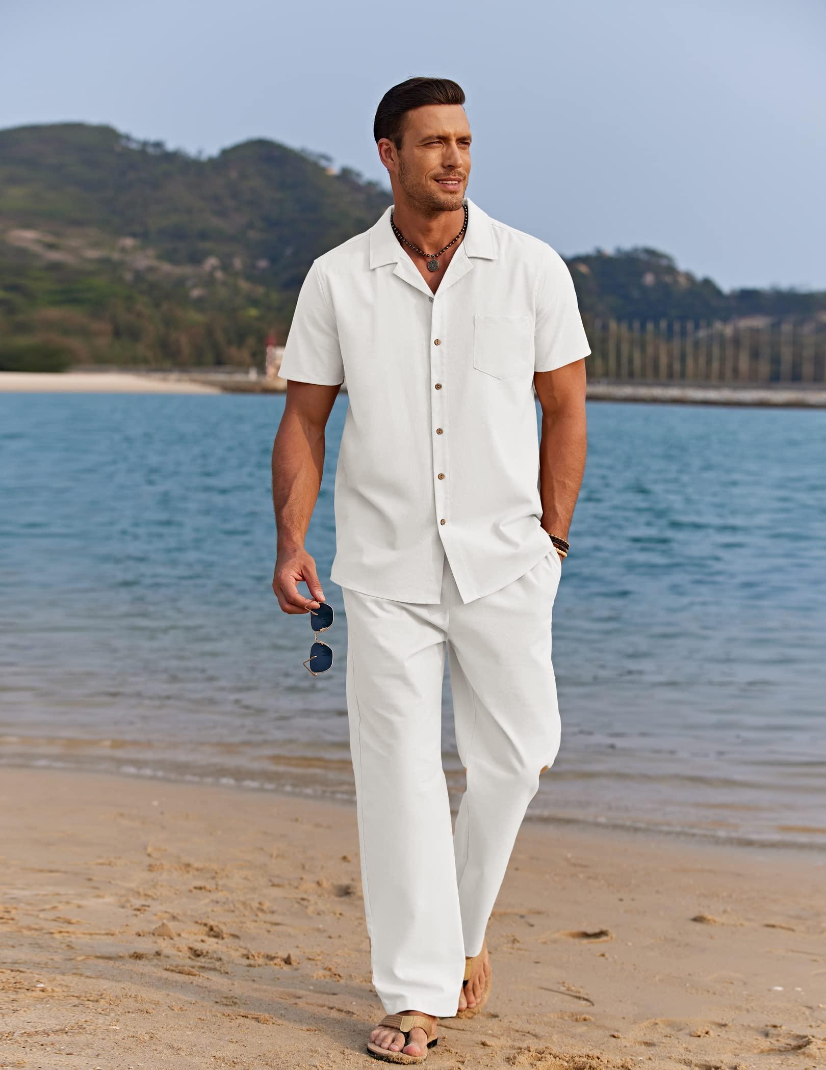 COOFANDY Men 2 Piece Linen Outfit Beach Button Down Shirt Casual Loose Pant Sets - Image 3