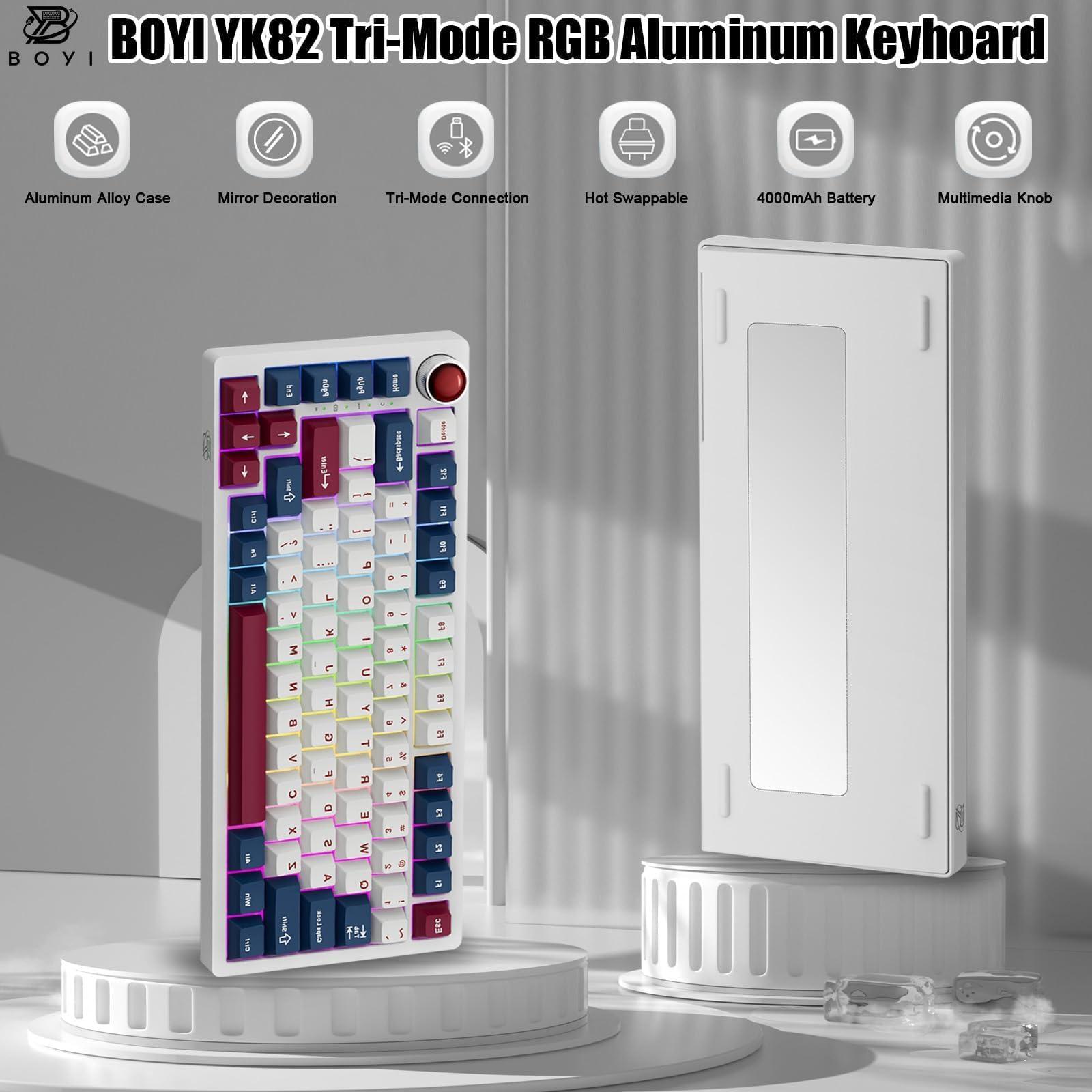 BOYI YK82 Aluminum Alloy Mechanical Keyboard,75% RGB Gasket-Mounted BT5.0/2.4G/Type-C Wired Tri-Mode Hot-Swap Programmable PBT Keycaps Gaming Keyboard with Knob for MAC/Win(Ruby Red PBT Keycaps) - Image 6
