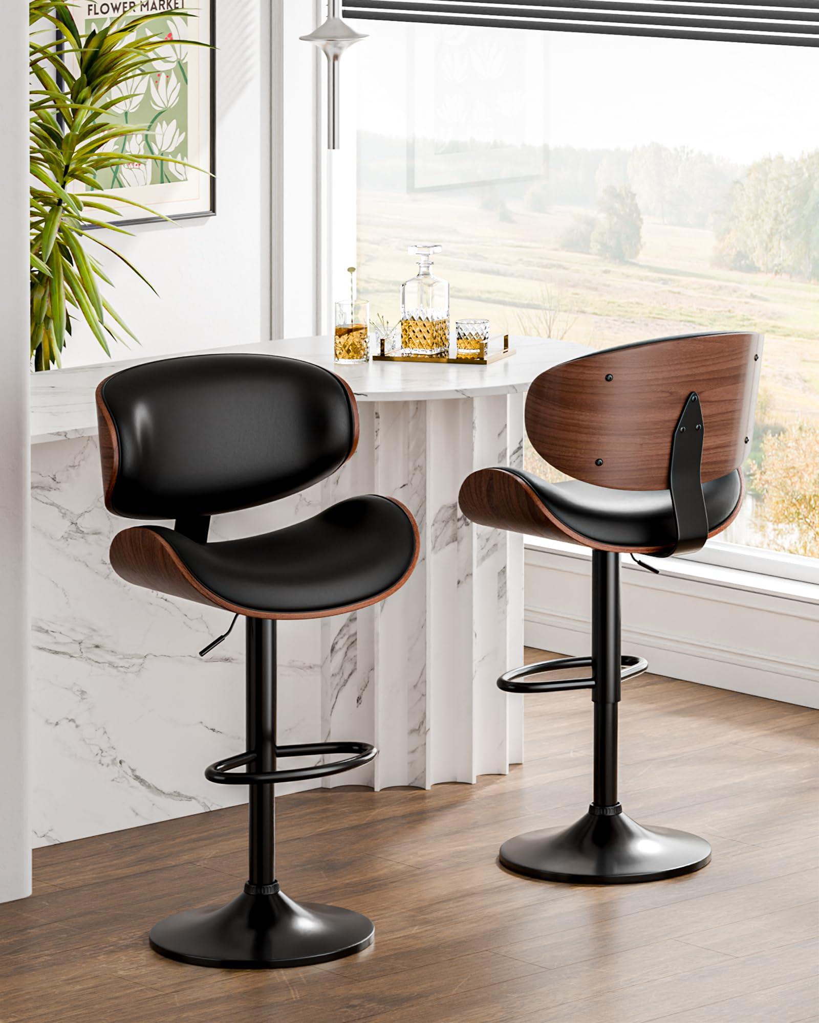 Aowos Bar Stools Set of 2, Adjustable Swivel Leather Bar Stools for Kitchen Island, Mid Century Modern Counter Height Bar Chairs Barstools with Back & Footrest (Black) - Image 7