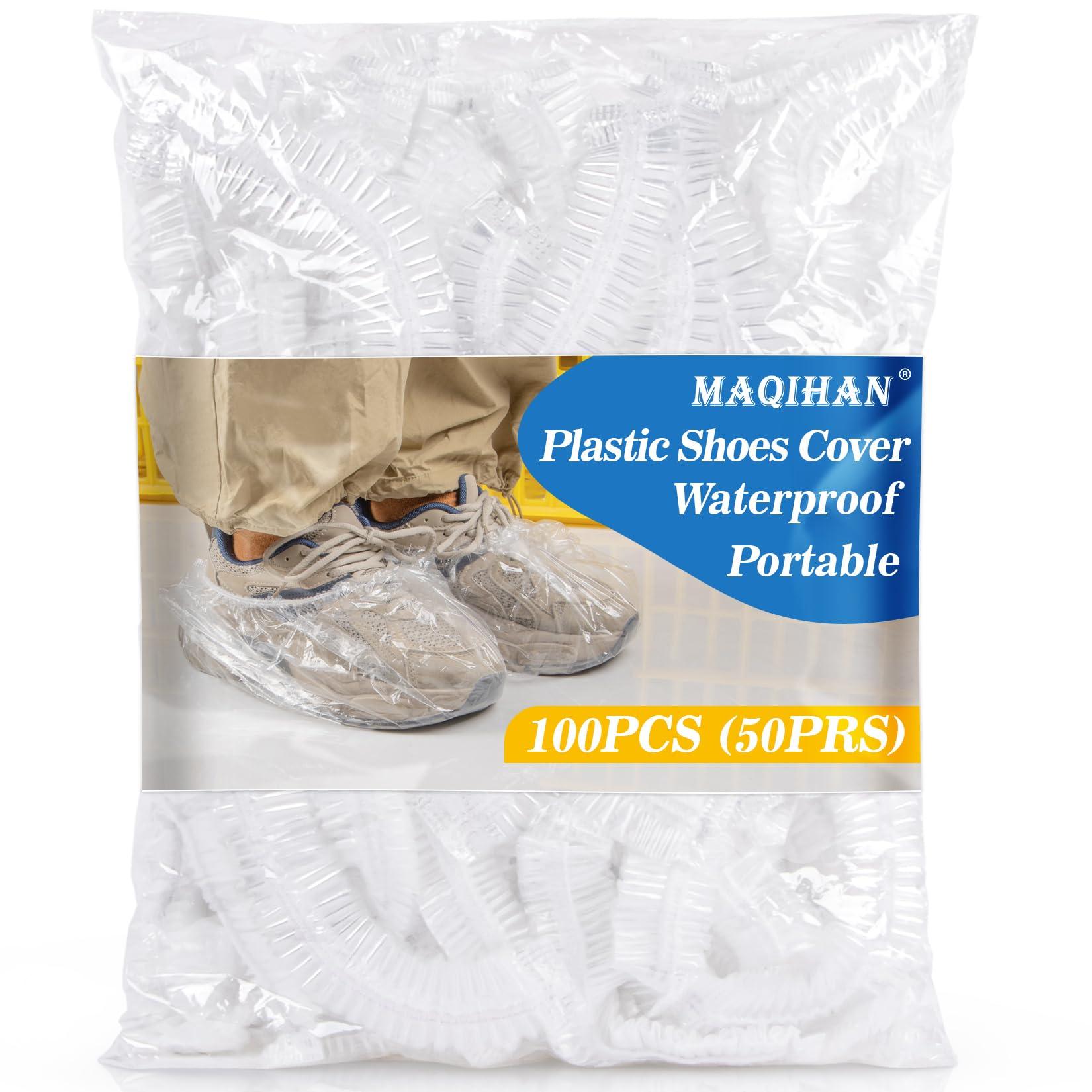 MAQIHAN 100pcs(50PRS) Shoe Covers Disposable - Portable Size Save Space for Rainy Days Waterproof Booties Covers Plastic Rain Shoe Protector Foot Covers Indoors Reusable Women Men Shoe Bags for Travel
