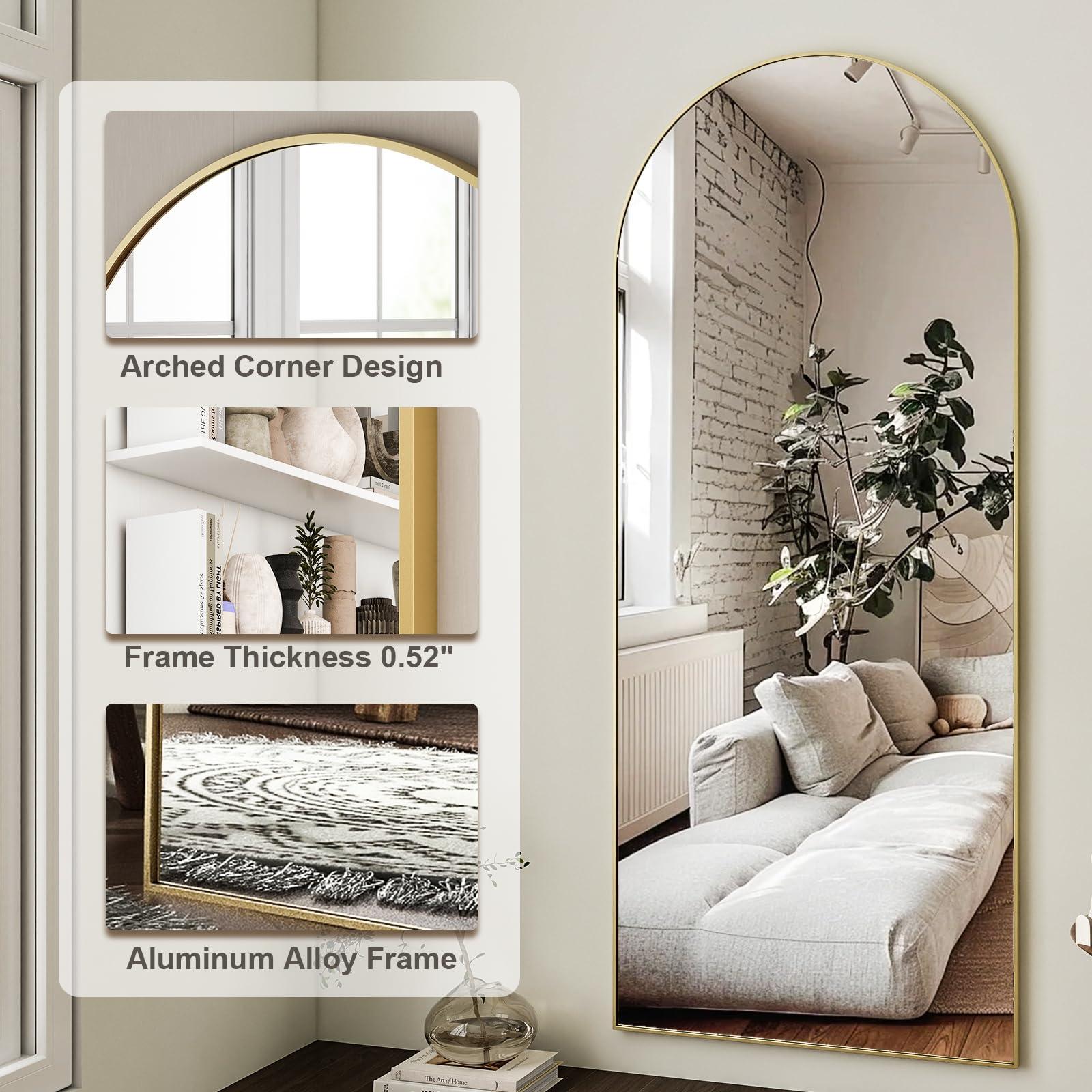 HARRITPURE 64"x21" Arched Full Length Mirror Free Standing Leaning Hanging Mounted Mirror Aluminum Frame Modern Simple Home Decor for Living Room Bedroom Cloakroom, Gold - Image 6