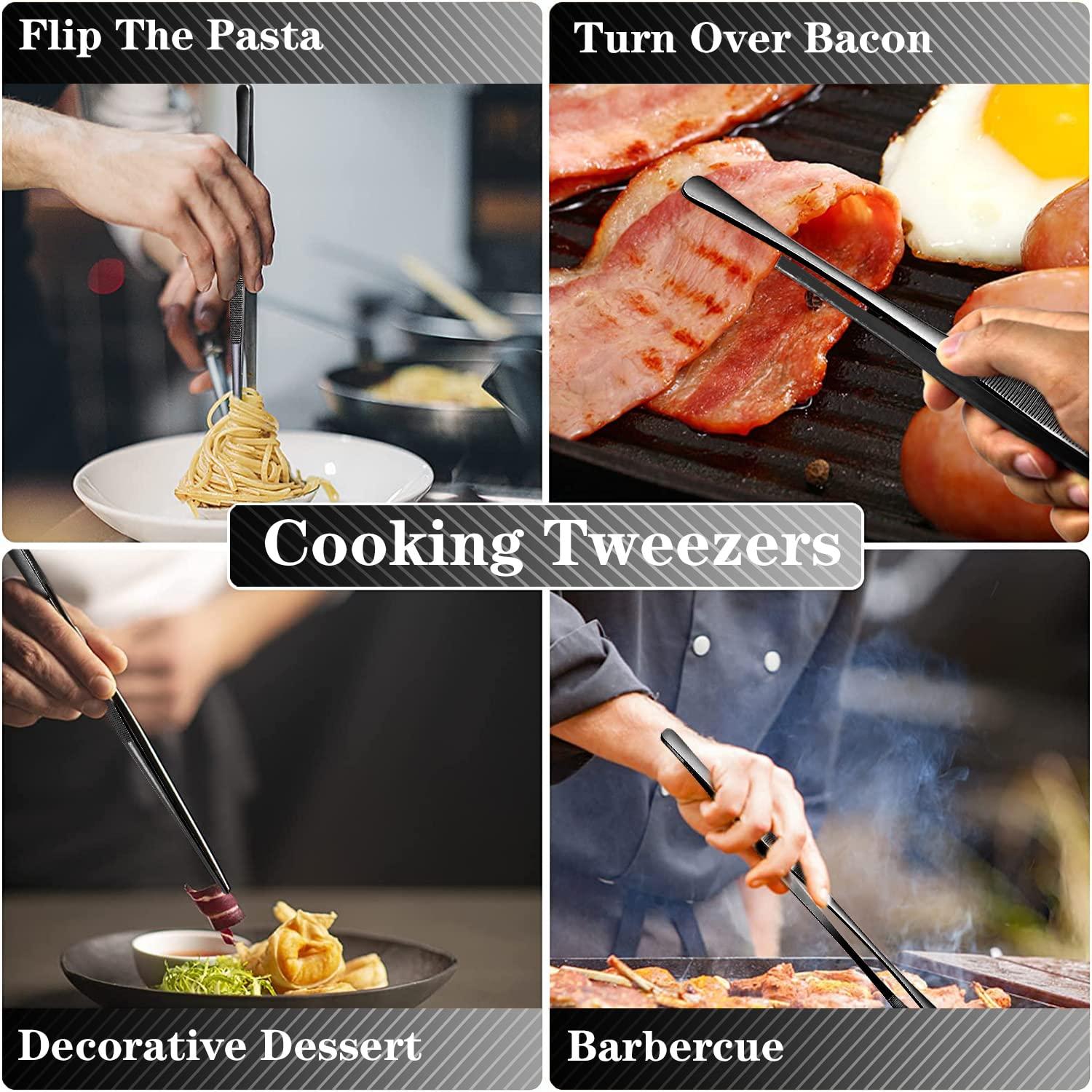 JETKONG 2 Pcs 12-Inch Kitchen Tweezers Tongs with Precision Serrated Tips, Stainless Steel Chef Tweezer Professional Cooking Tweezers for BBQ, Plating and Serving (12-Inch, Black) - Image 5