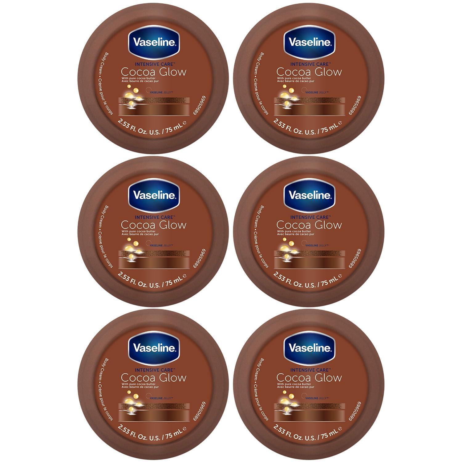 Vaseline Cocoa Glow Body Cream 6-Pack – Pure Cocoa Butter 48H Moisturizing Cream for Dry Skin, Travel-Size, 2.53 Fl Oz Ea