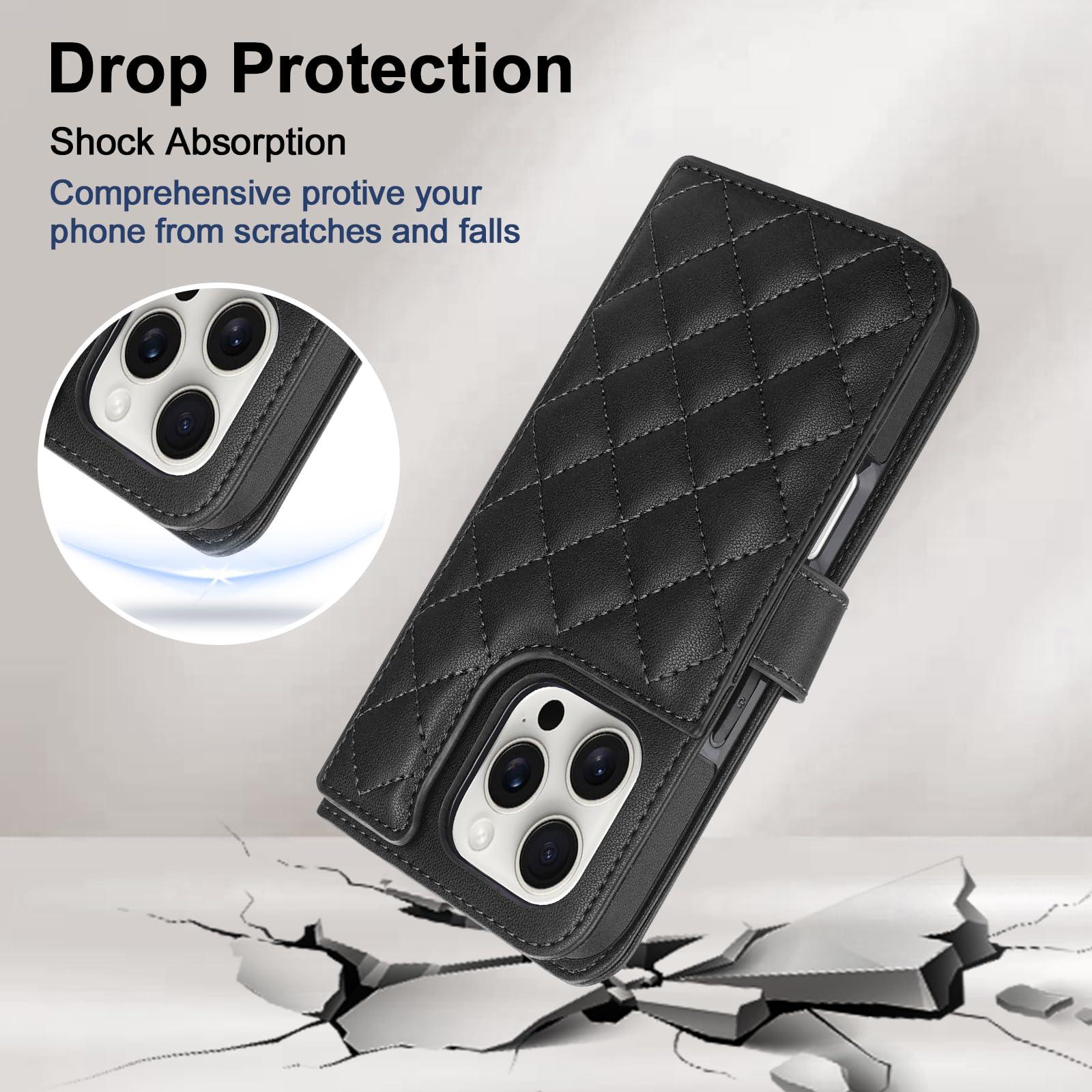 Vofolen Compatible with iPhone 16 Pro Case with Card Holder Crossbody Wrist Strap Leather Flip Case with Magnetic Clasp Kickstand Heavy Duty Protective Wallet Phone Case for Women, 6.3 Inch Black - Image 6