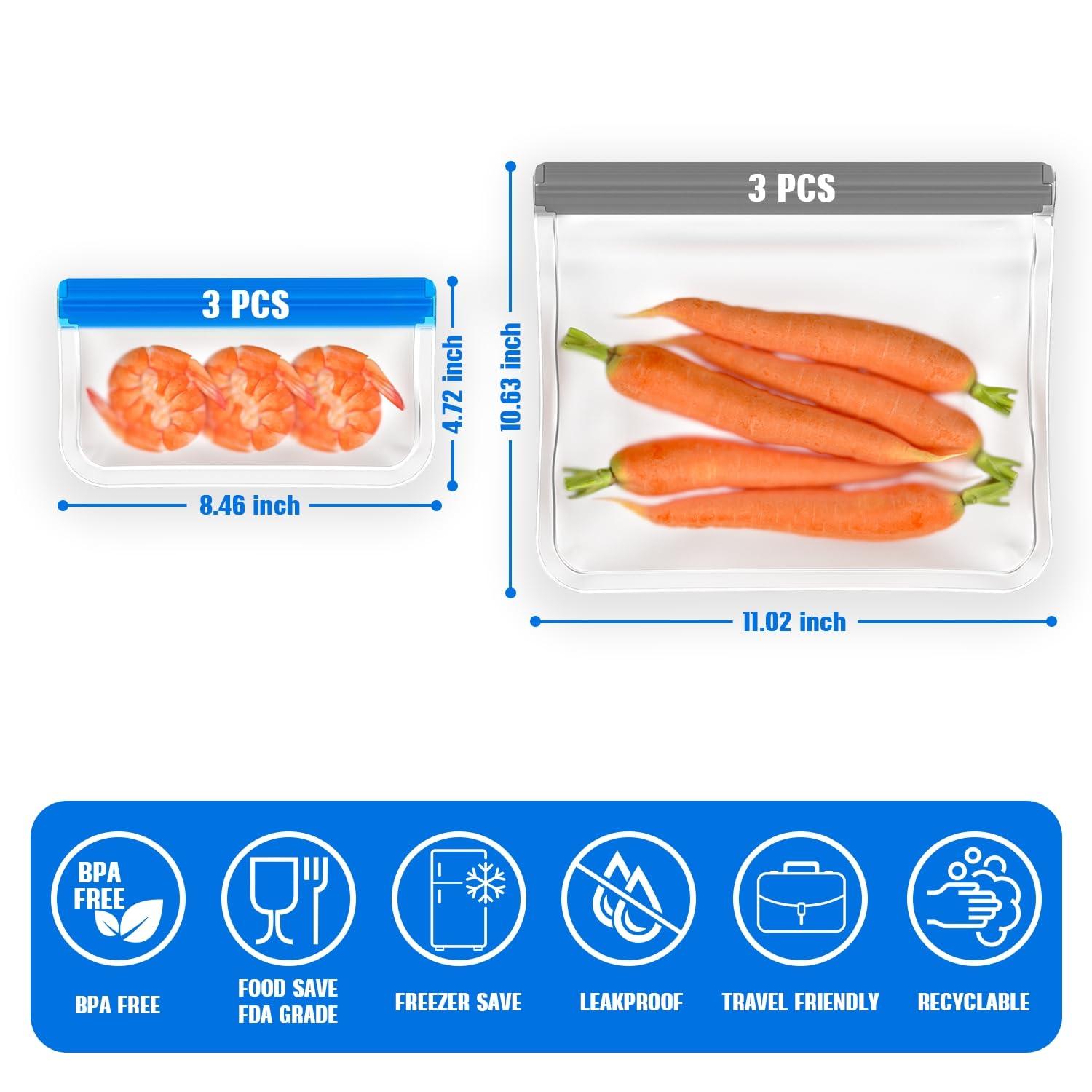 SOGUDE Reusable Snack Bags, 10 Pack Dishwasher Safe Reusable Ziploc Bags PEVA, BPA Free Leakproof Reusable Storage Bags for Lunch, Vegetables, Fruits - 4 Gallon 3 Sandwich 3 Snack Bags - Image 5