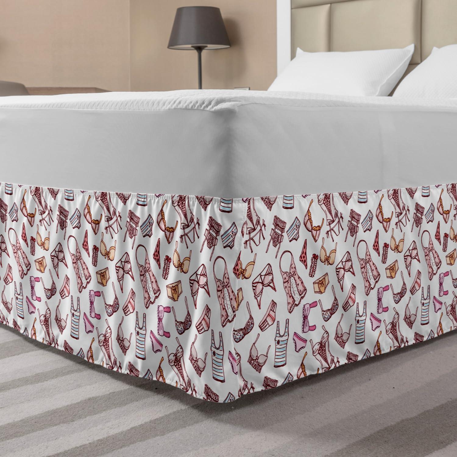 Lunarable Fashion Bed Skirt, Hand Drawn Style Underwear Pattern with Different Lingerie Pieces Feminine Glamor, Elastic Bedskirt Dust Ruffle Wrap Around for Bedding Decor, Queen, Multicolor