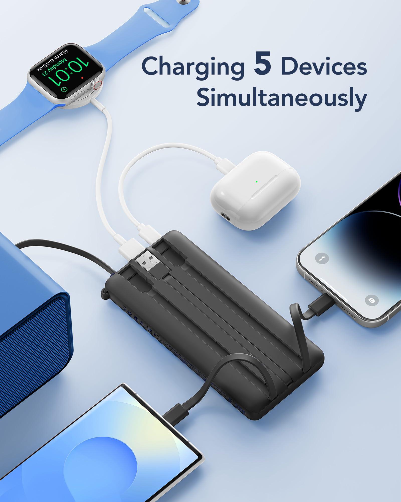 VRURC Portable Charger with Built in Cables, 10000mAh Travel Essentials Power Bank, 5 Output 2 Input LED Display External Battery Pack Compatible with iPhone,Samsung,Android-Black(1 Pack) - Image 3