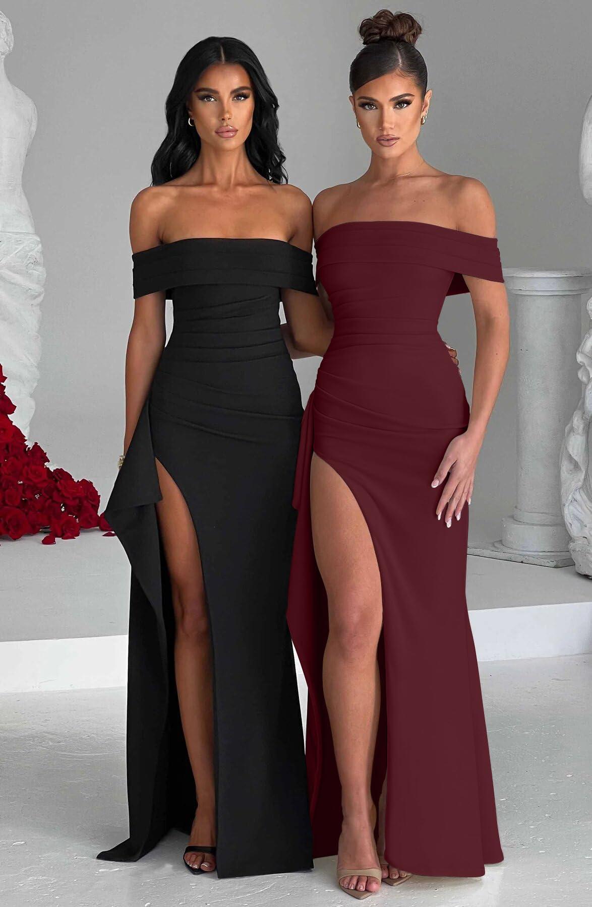 LAGSHIAN Women's Elegant Bodycon Off Shoulder Sleeveless High Split Ruched Long Formal Evening Dress - Image 4