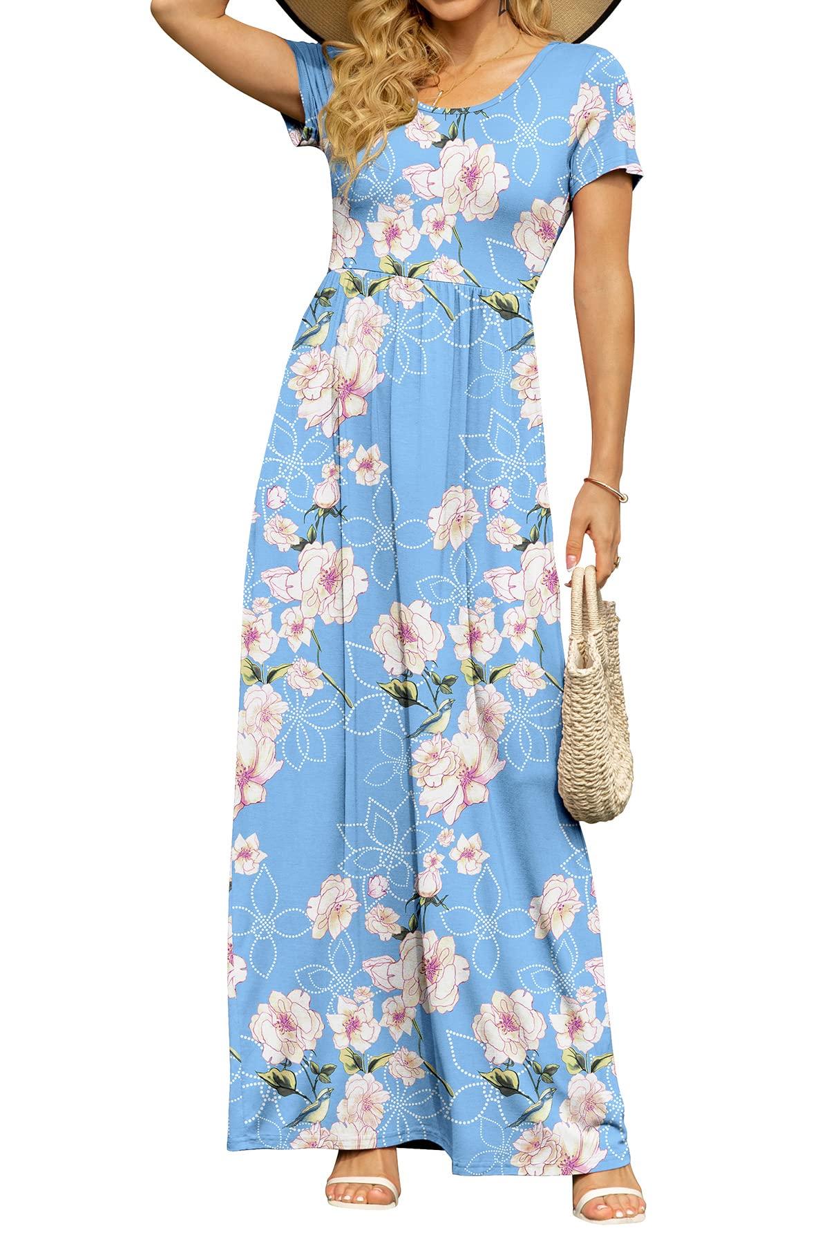 DB MOON Women's Short Sleeve Maxi Dresses Casual Empire Waist Long Dress with Pockets - Image 2
