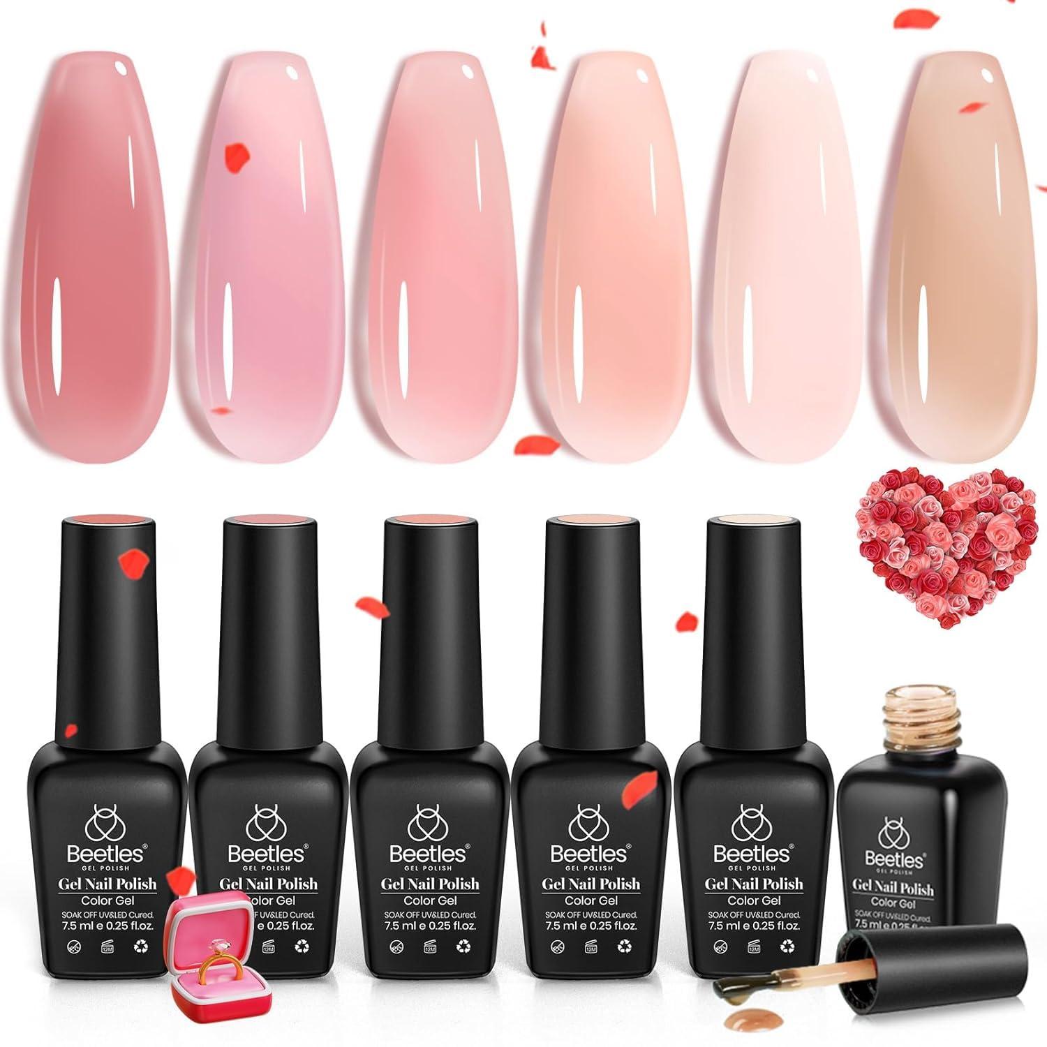 Beetles Jelly Gel Nail Polish Set, 6 Colors Jelly Gel Polish Kit Nude Pink Neutral Nail Art Design Sheer Translucent Gel Nail Kits Soak Off Uv Nail Lamp Cured Nail Manicure Gift for Women - Image 7