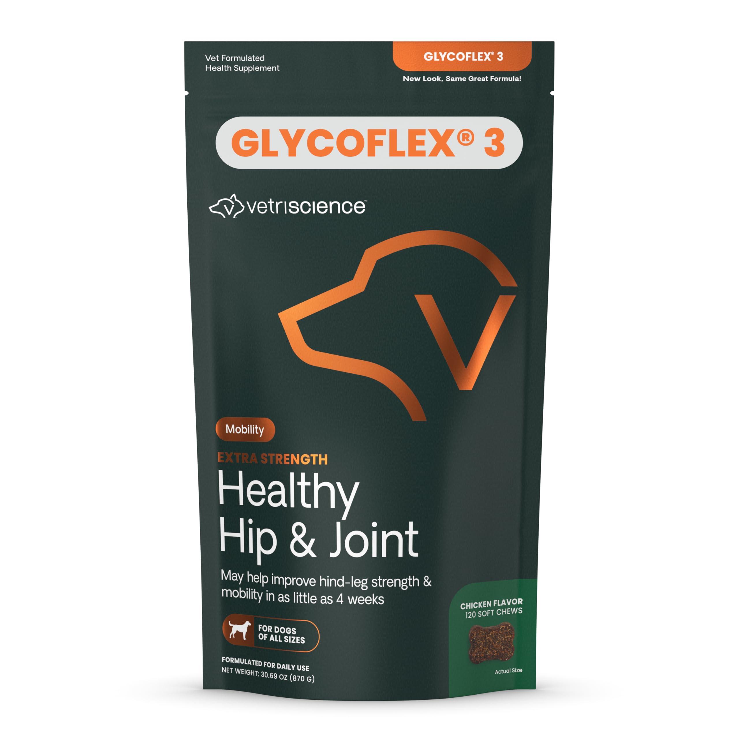 VetriScience Extra Strength Healthy Hip & Joint Chews, GlycoFlex Glucosamine and Green-Lipped Mussel Joint Support Supplement for Dogs, Promote Mobility and Soothe Joint Discomfort, Chicken, 120 Count