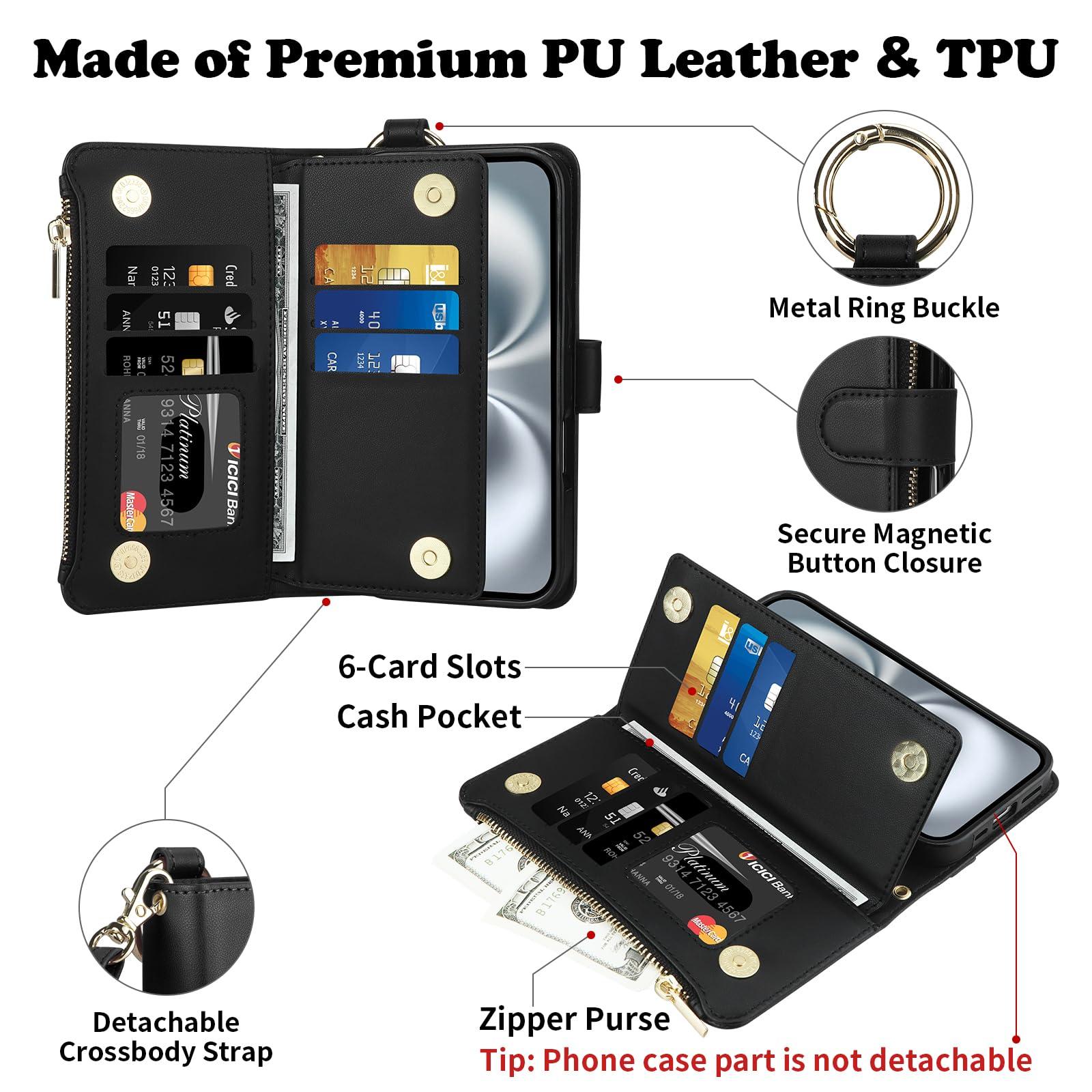 Vofolen for iPhone 16 Case with Card Holder Crossbody Strap Leather Flip Case with Magnetic Clasp Kickstand Zipper Pocket Metal Ring Heavy Duty Protective Wallet Phone Case for Women, Black - Image 2