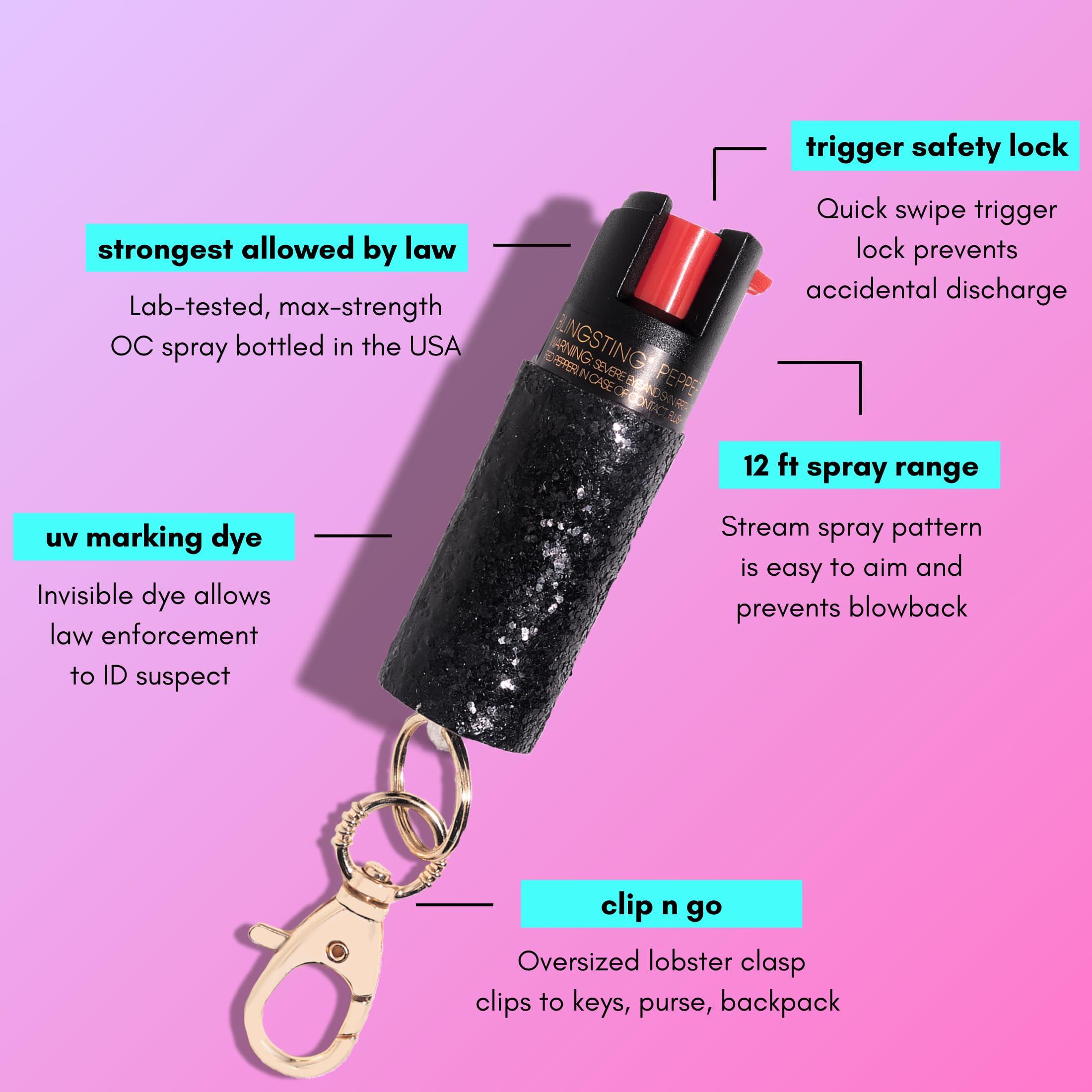 BLINGSTING Pepper Spray for Women - Maximum Strength OC Self Defense Spray - 12 ft Range - UV Marking Dye for Police ID - Swipe Safety Lock, Compact & Fashionable Keychain - Image 2