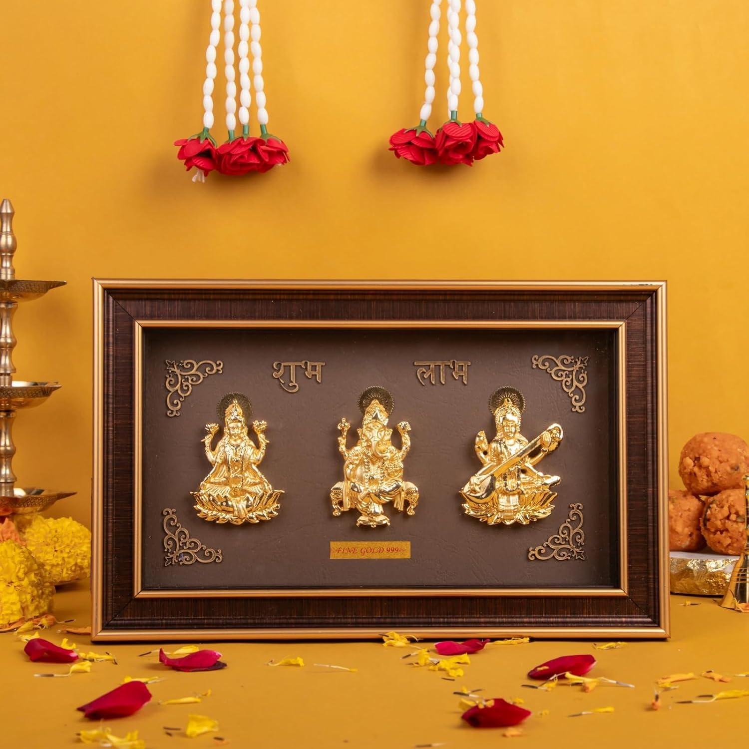 ZAARIYA Golden Lakshmi Ganesha Saraswathi - Trimurti Frame | Shubh Labh God Gold Plated Decorative Photo Frame | For Gifting, Home Decor, Table Decor and Temple or Pooja Room Decoration ( 10.5 x 6.5 Inches)
