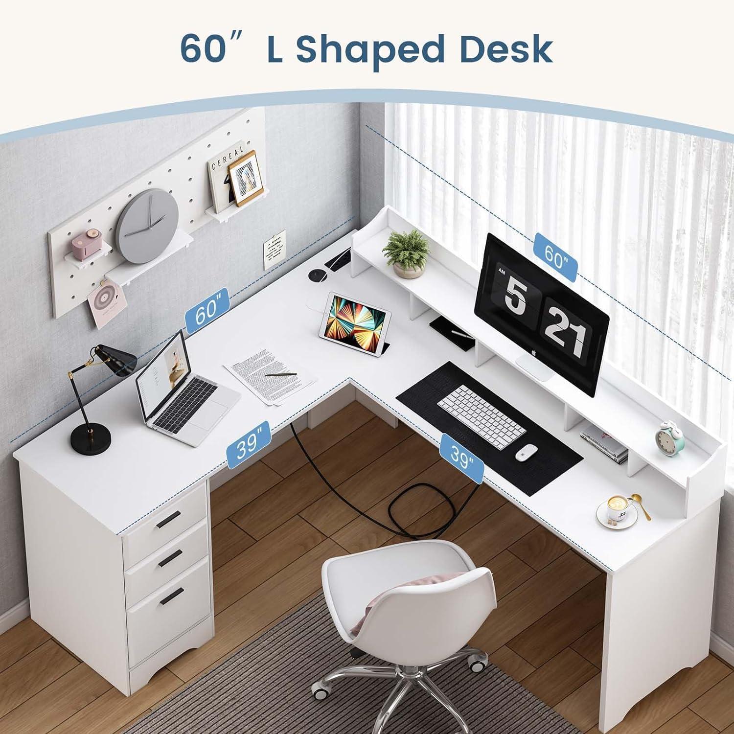 White L Shaped Desk with 3 Drawers, 60 inch Corner Desk with Moveable Hutch and Power Outlet, Large Home Office Corner Computer Desk with Storage File Cabinet - Image 8