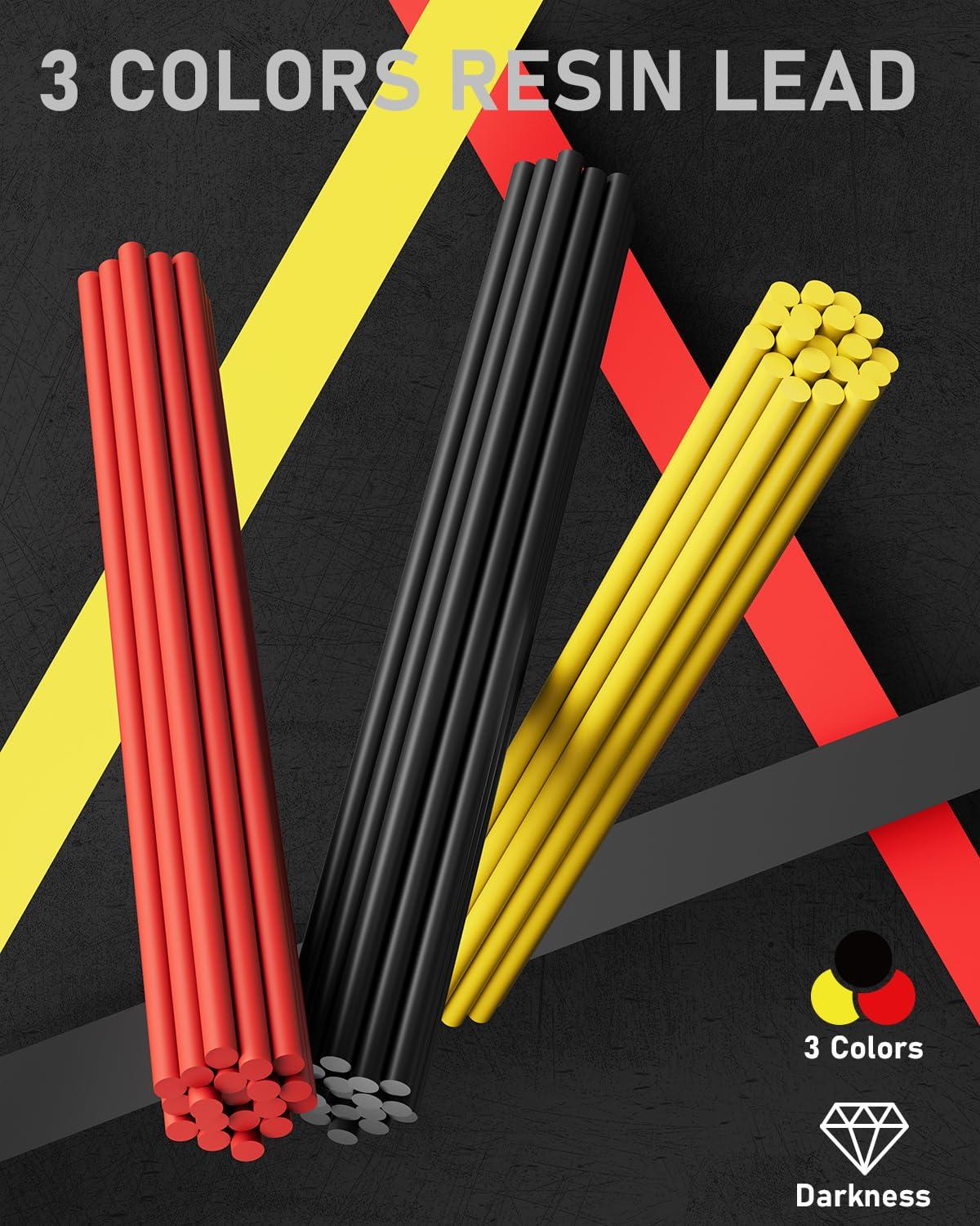 Four Candies 3PCS 1.3mm Mechanical Pencil Set with Case, Metal Heavy Duty Carpenter Pencils with 48 Refill(Red,Black,Yellow) 3Eraser, 12Eraser Refill, Weatherproof Body Outdoor Woodworking Marking - Image 2