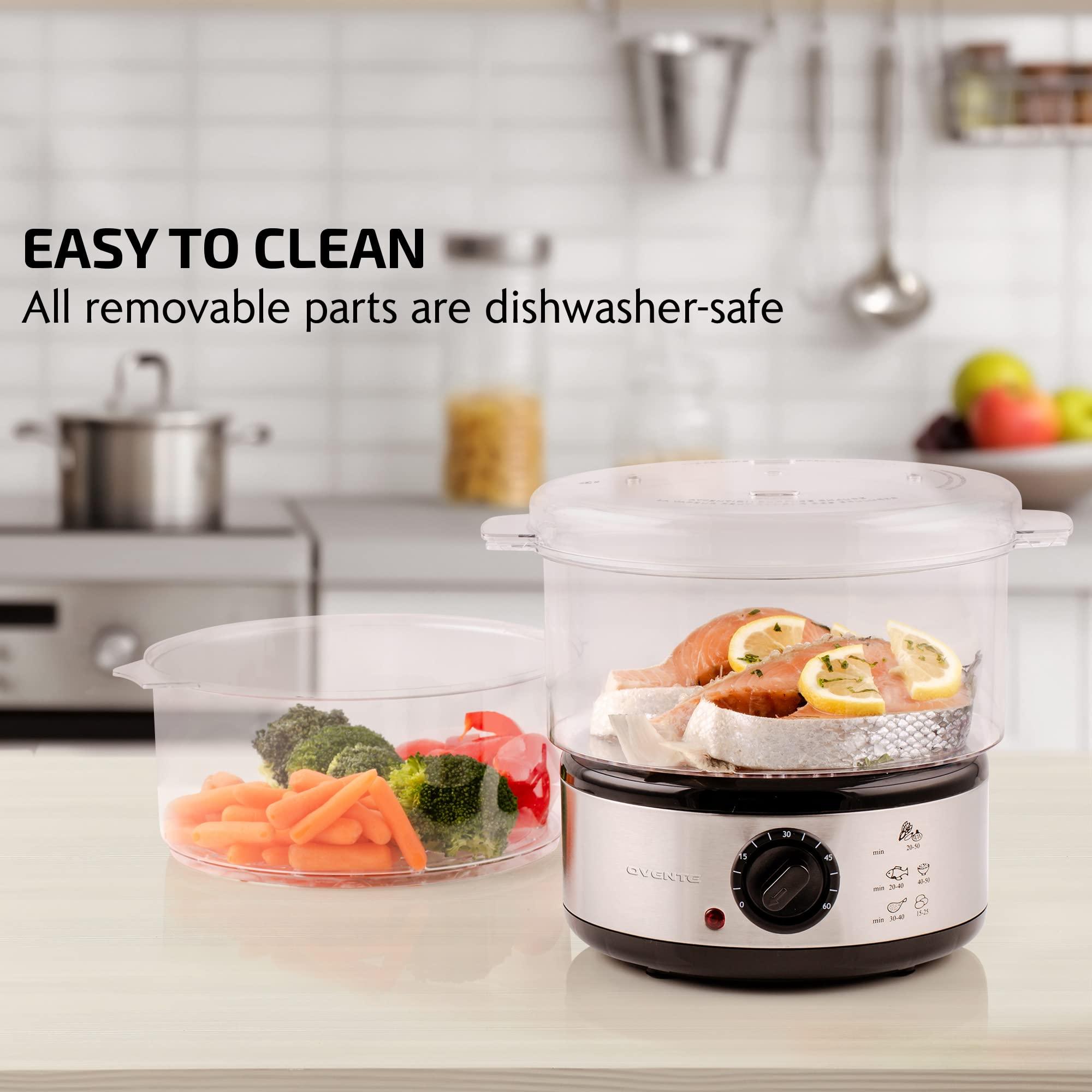 OVENTE 2 Tier Electric Food Steamer for Cooking Vegetables, Stainless Steel Base, Stackable and Dishwasher Safe Baskets, 400W with Auto Shutoff and 60-Minute Timer, 5 Quart Capacity, Silver FS62S - Image 7