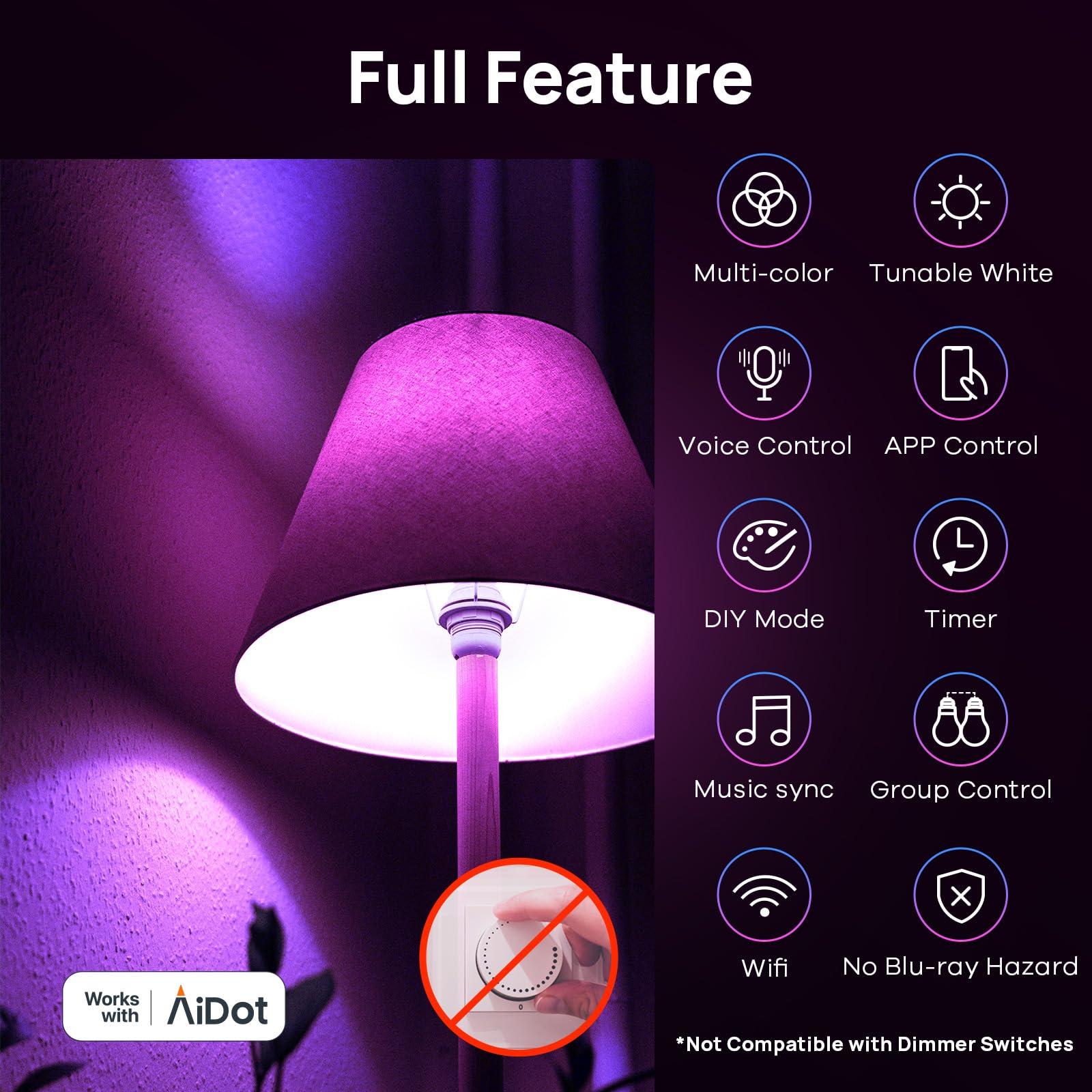 Linkind Matter Smart Light Bulb, WiFi Smart Bulbs, Work with Apple Home, Siri, Alexa, Google, SmartThings, RGTBW Color Changing Bulbs Mood Lighting, Music Sync, A19 E26 60W, 2.4Ghz WiFi 6 Pack - Image 7