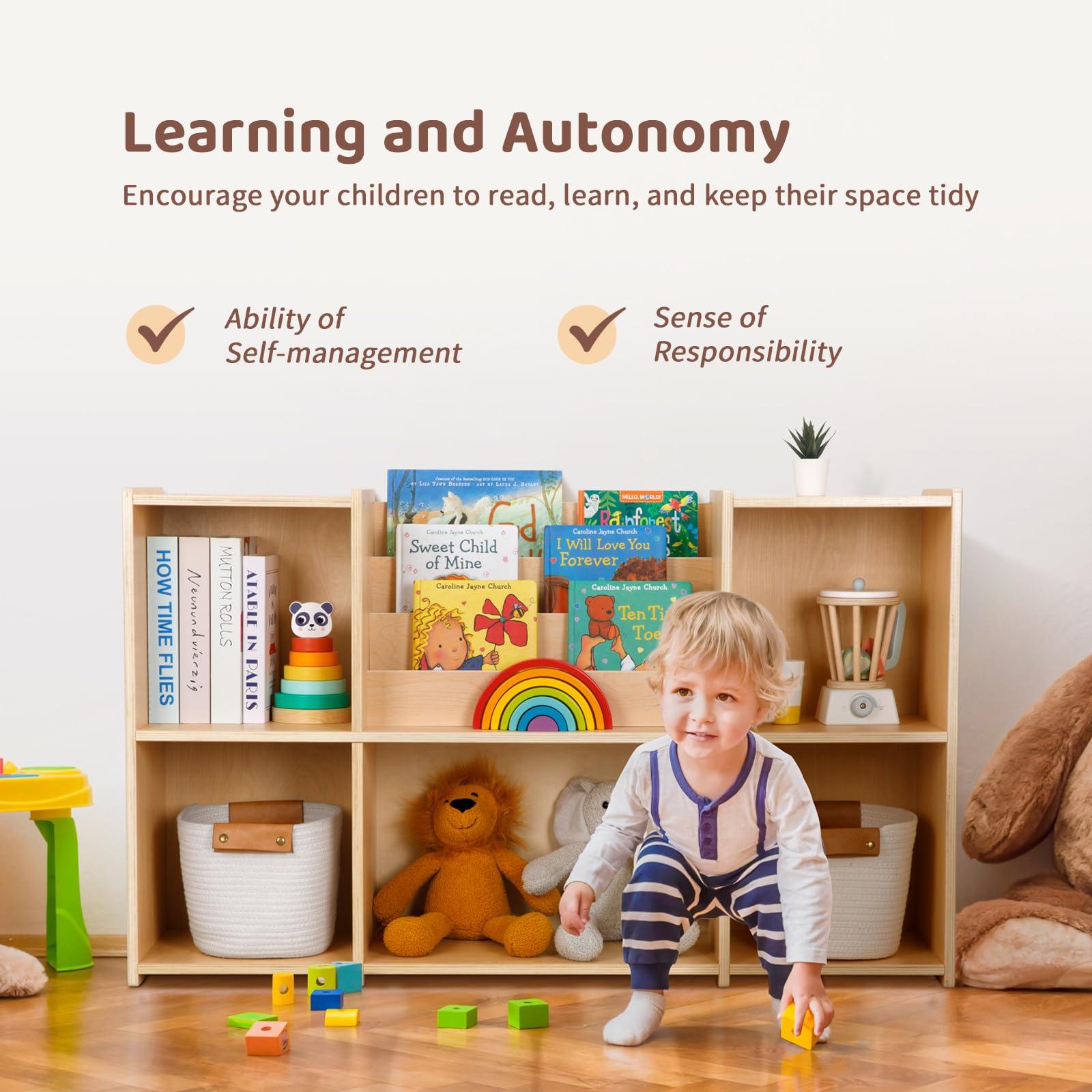 OOOK Montessori Bookshelf and Toy Storage Organizer, 2-Tier Horizontal Bookshelf, 5-Compartment Toy Storage Cabinet with Book Rack, Ideal Choice for Kids Classroom Organizer, Playroom and Daycare - Image 5