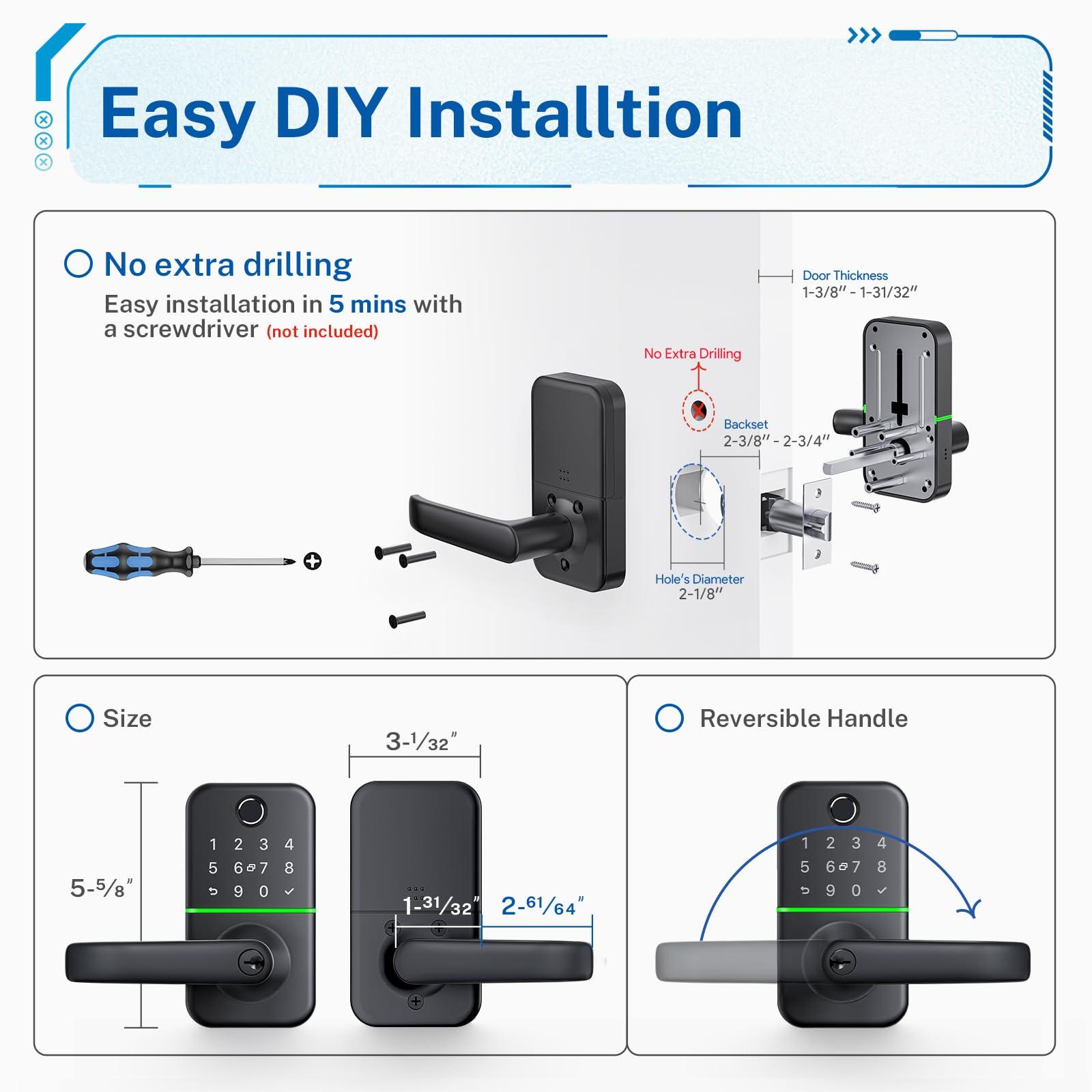 Keypad Smart Door Lock with Handle: Kucacci Keyless Entry Fingerprint Lock - Digital Code Handle with Keypad - Electronic Smart Knob for Front Door - Deadbolt Alternative with App - Easy Installation - Image 6