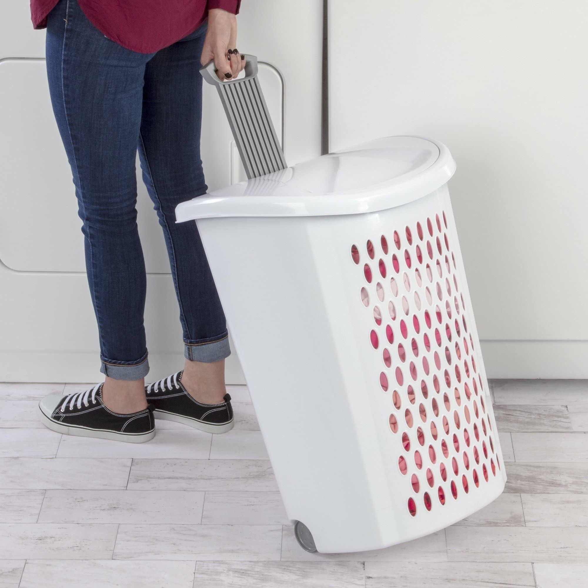 SeaQily Ultra Wheeled Design Clothes Laundry Basket, Mind Reader Basket Collection，135 Liter （20 1/8" x 15 3/8" x 26 3/4"）Capacity, Laundry Hamper White Lid & Base w/Plastic Handle & Wheels,1-Pack - Image 5