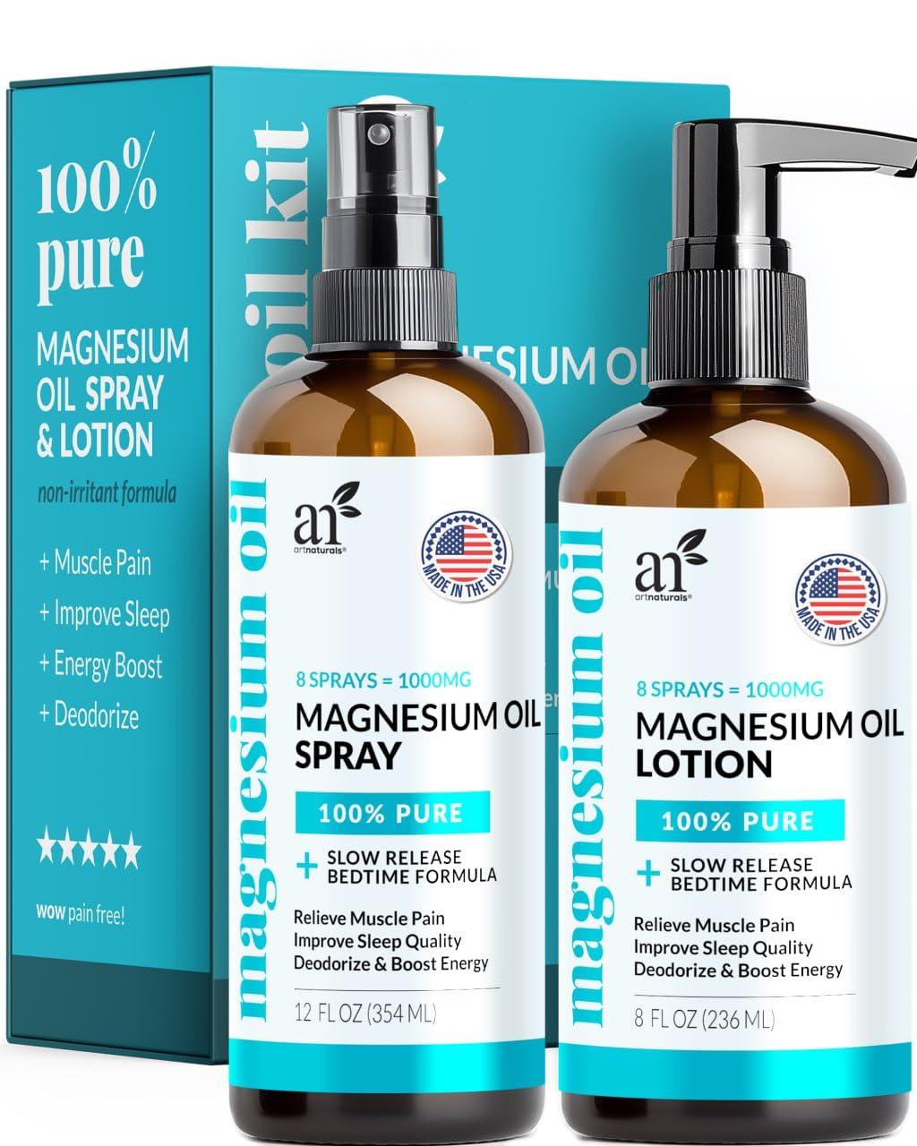 ArtNaturals Magnesium Oil Spray 12 oz + Body Massage Lotion Set 8oz for Feet & Sleep - Extra Strength Cream Ultra-Pure, Relief & Relaxation, Muscle Health Leg & Joint Care Topical Non Itch