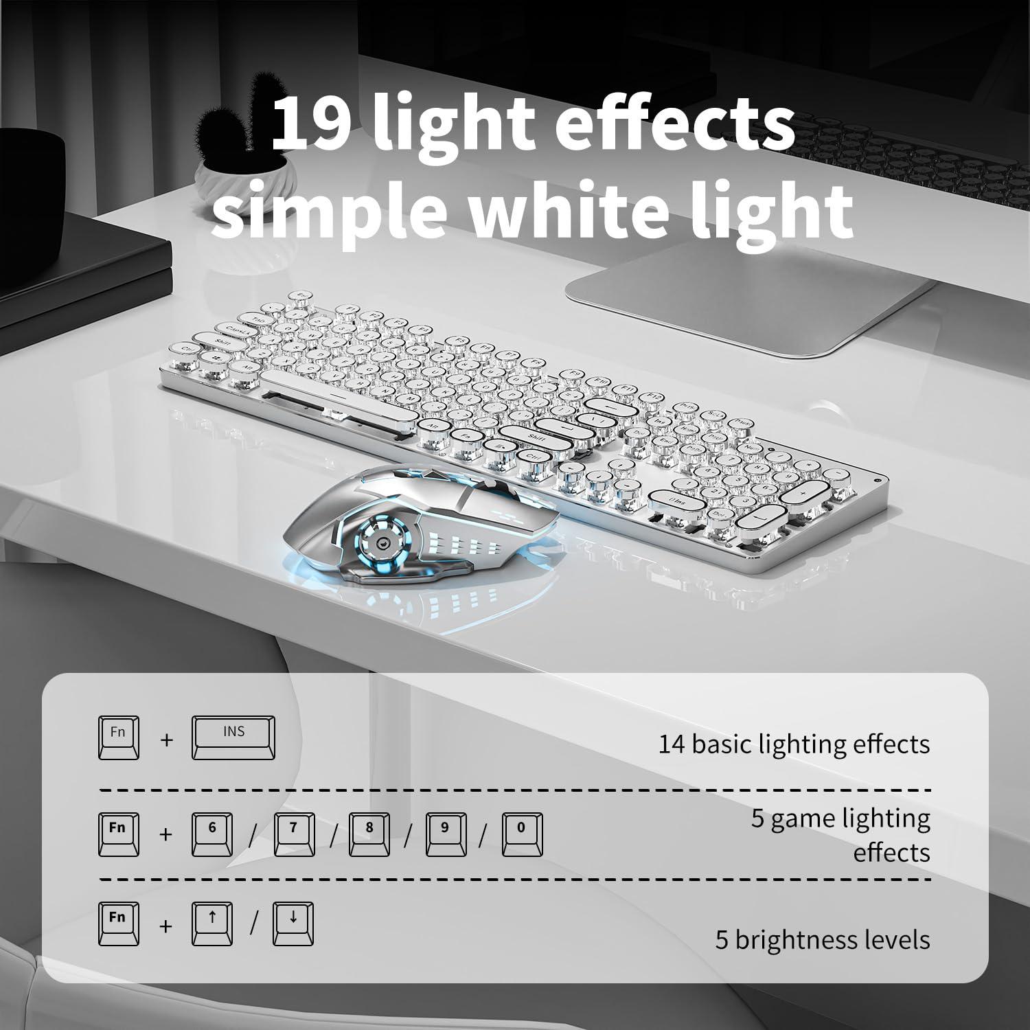 TK950 Wireless Typewriter Keyboard and Mouse Combo,104 Keys Retro Typewriter Mechanical Keyboard with White Backlit, Anti-Ghosting, Blue Switch, Bluetooth/2.4G/Wired Cute Gaming Keyboards-White - Image 4