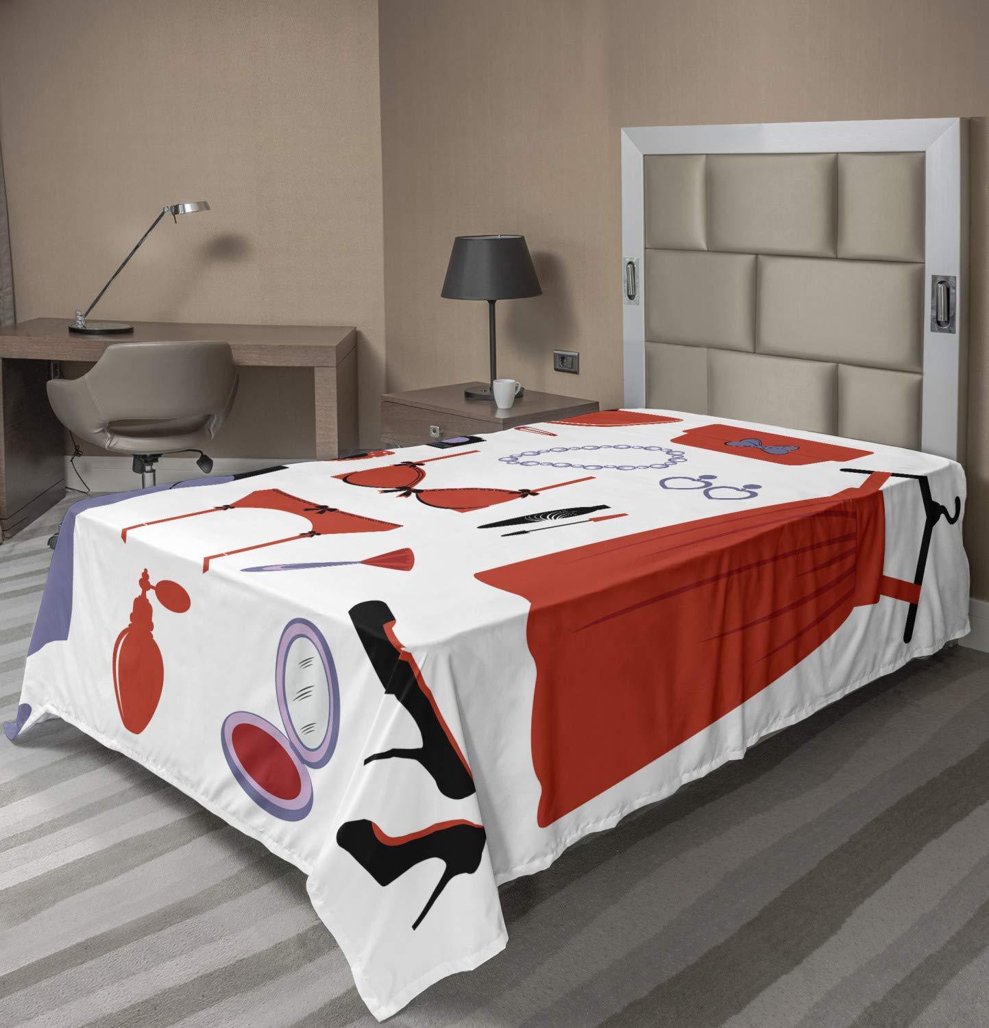 Ambesonne Heels and Dresses Flat Sheet, Glamor Items for Women Attire Sunglasses Lingerie Cosmetics, Soft Comfortable Top Sheet Decorative Bedding 1 Piece, TwinXL Size, Coral Lavender Black