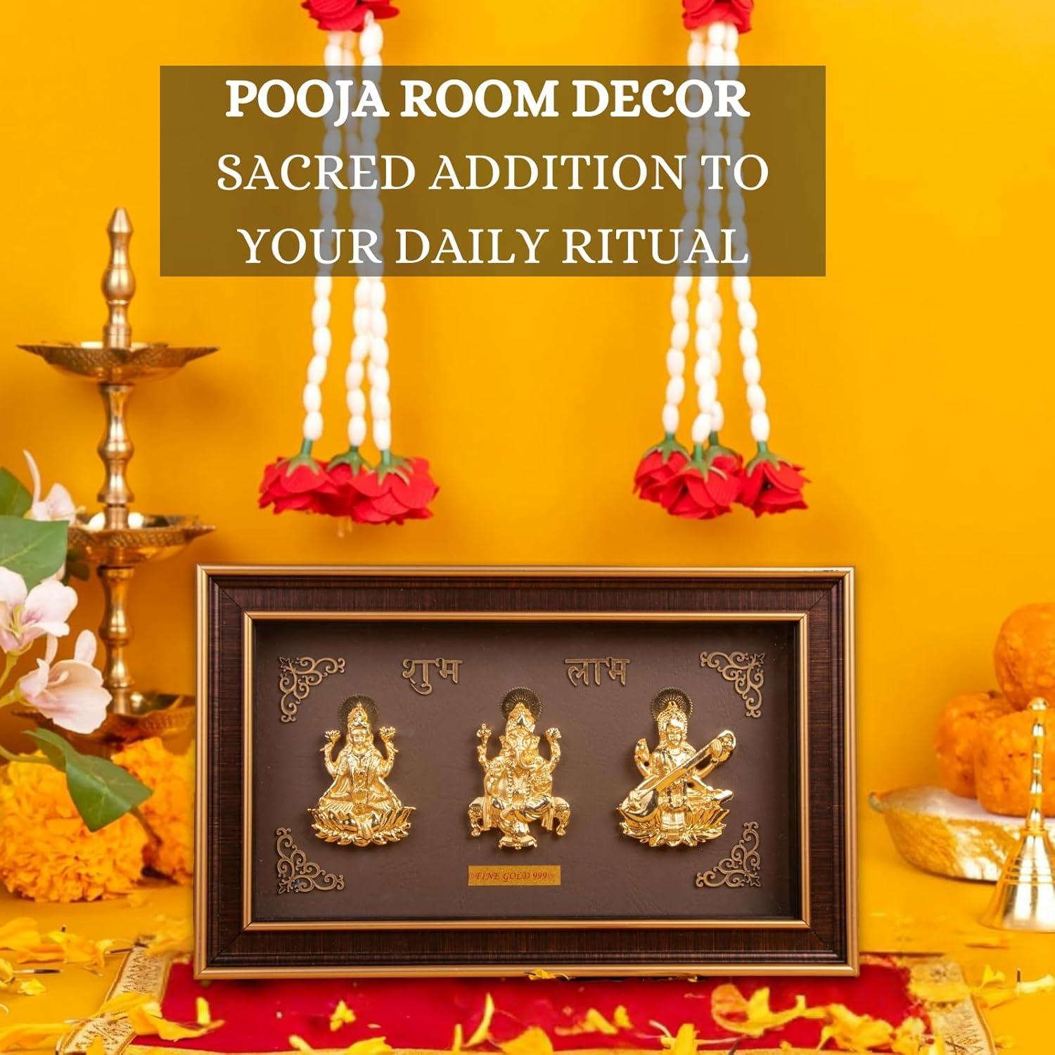 ZAARIYA Golden Lakshmi Ganesha Saraswathi - Trimurti Frame | Shubh Labh God Gold Plated Decorative Photo Frame | For Gifting, Home Decor, Table Decor and Temple or Pooja Room Decoration ( 10.5 x 6.5 Inches) - Image 5