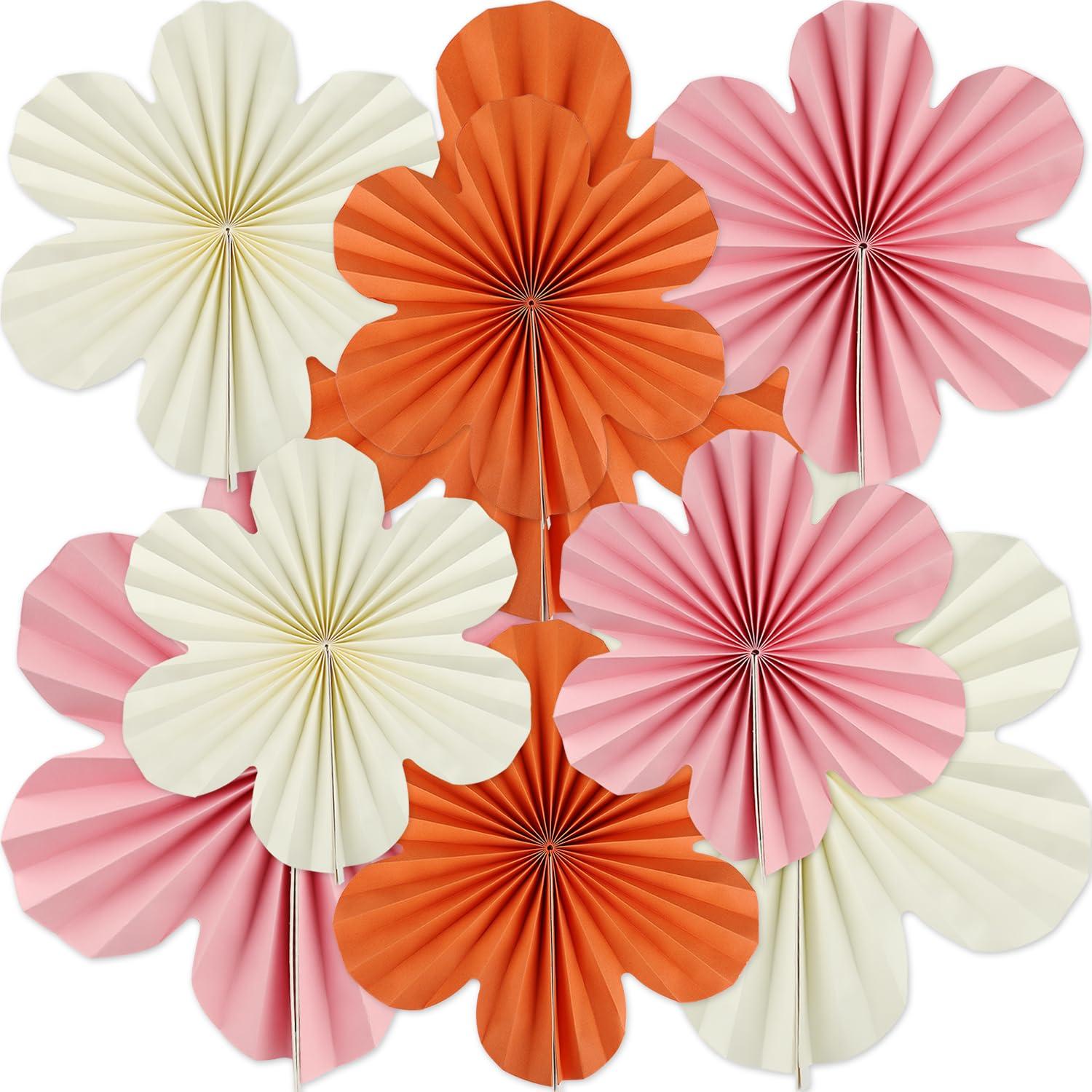 9Pcs Hanging Paper Fans Party Decorations, Orange Pink White Paper Flowers for Floral Preppy Birthday Baby Shower Wedding Party Backdrop Decor