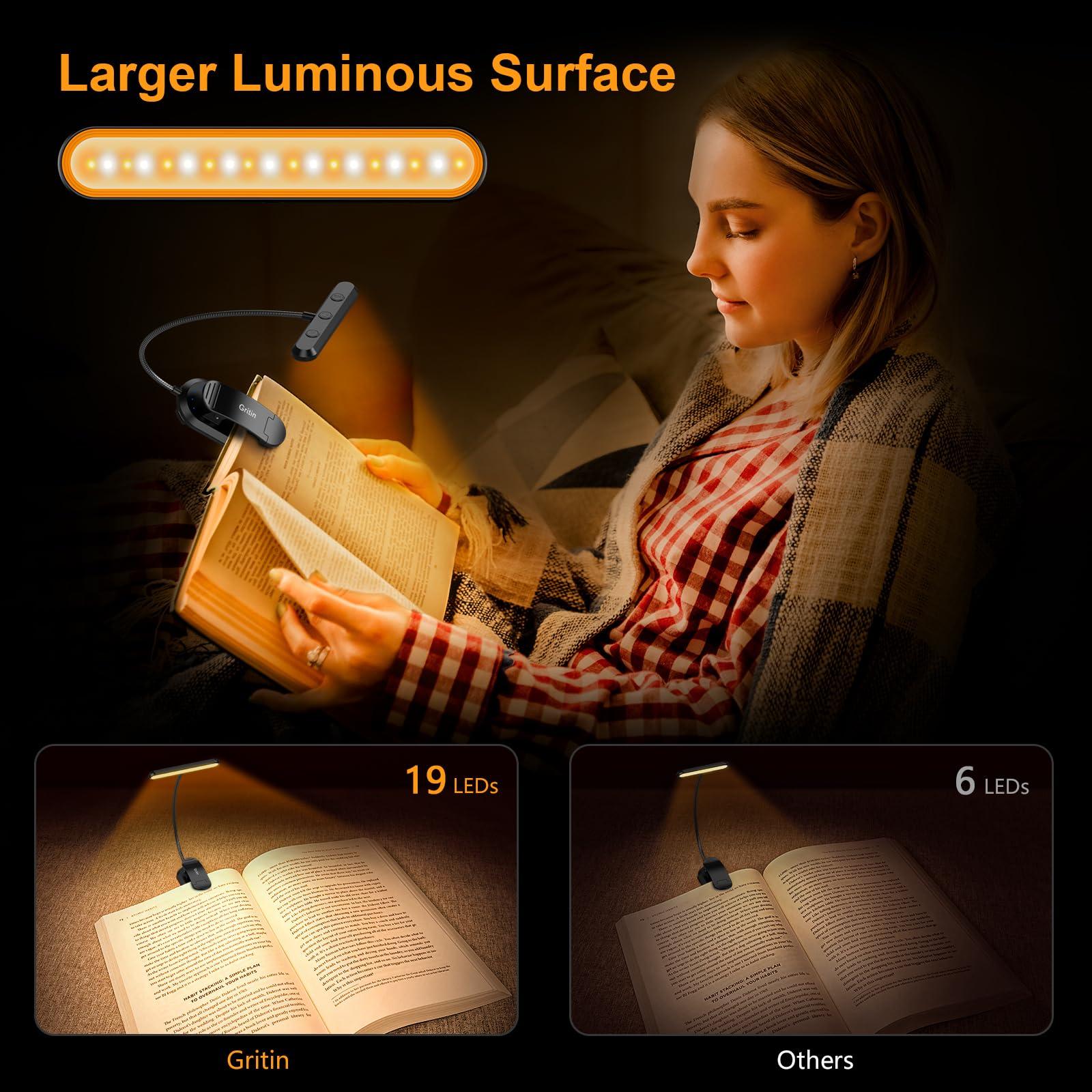 Gritin Rechargeable Book Light for Reading in Bed with 19 LED &Memory Function-Eye Caring 3 Color Temperatures, 5 Brightness Levels, 80 Hrs Runtime Flexible Goose Neck Clip on Light for Book Lovers - Image 4