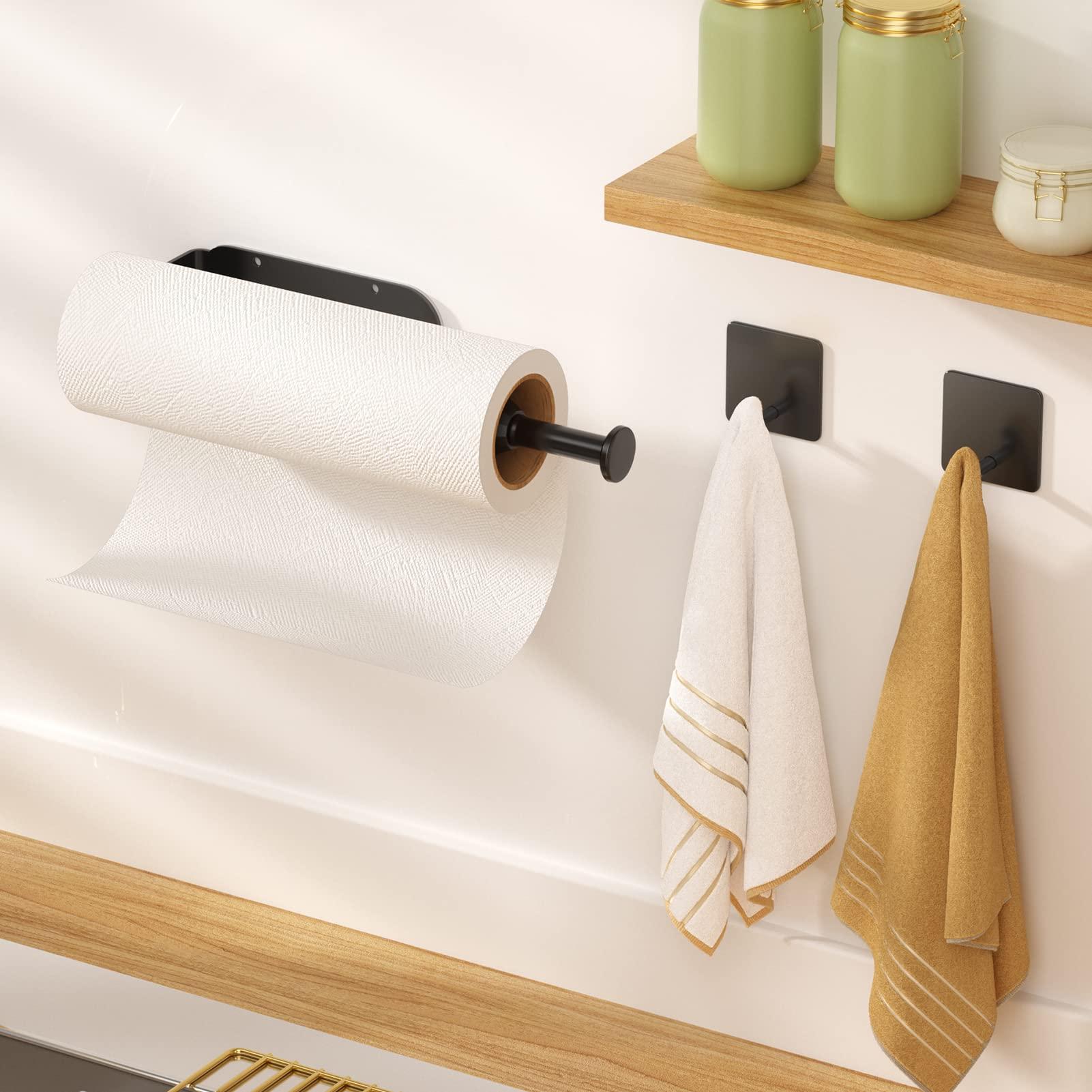 Paper Towel Holder Under Cabinet, Single Hand Operable Wall Mount with Damping Effect, Self-Adhesive or Drilled Paper Roll Holders for Kitchen, Bathroom, RV(2 Towel Robe Hooks) - Image 2